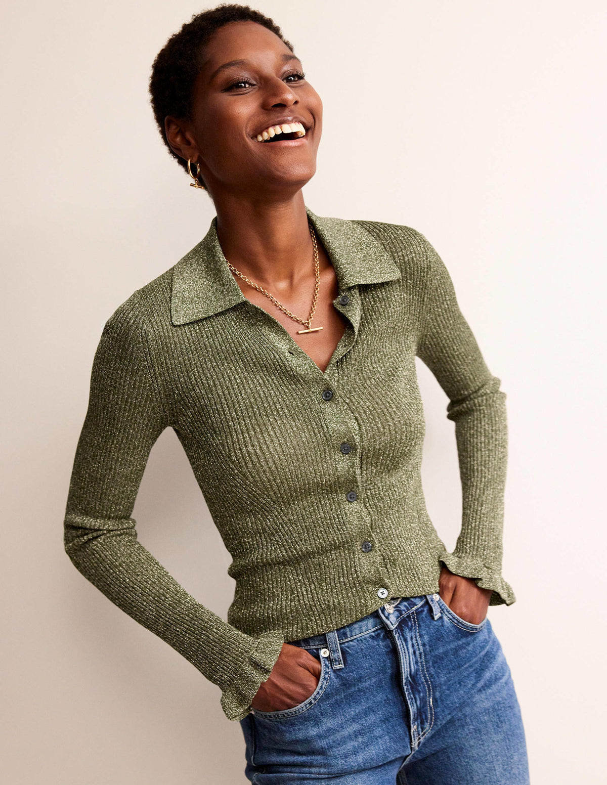 Sparkle-Rib Collared Cardigan-Olive Metallic - Image 1