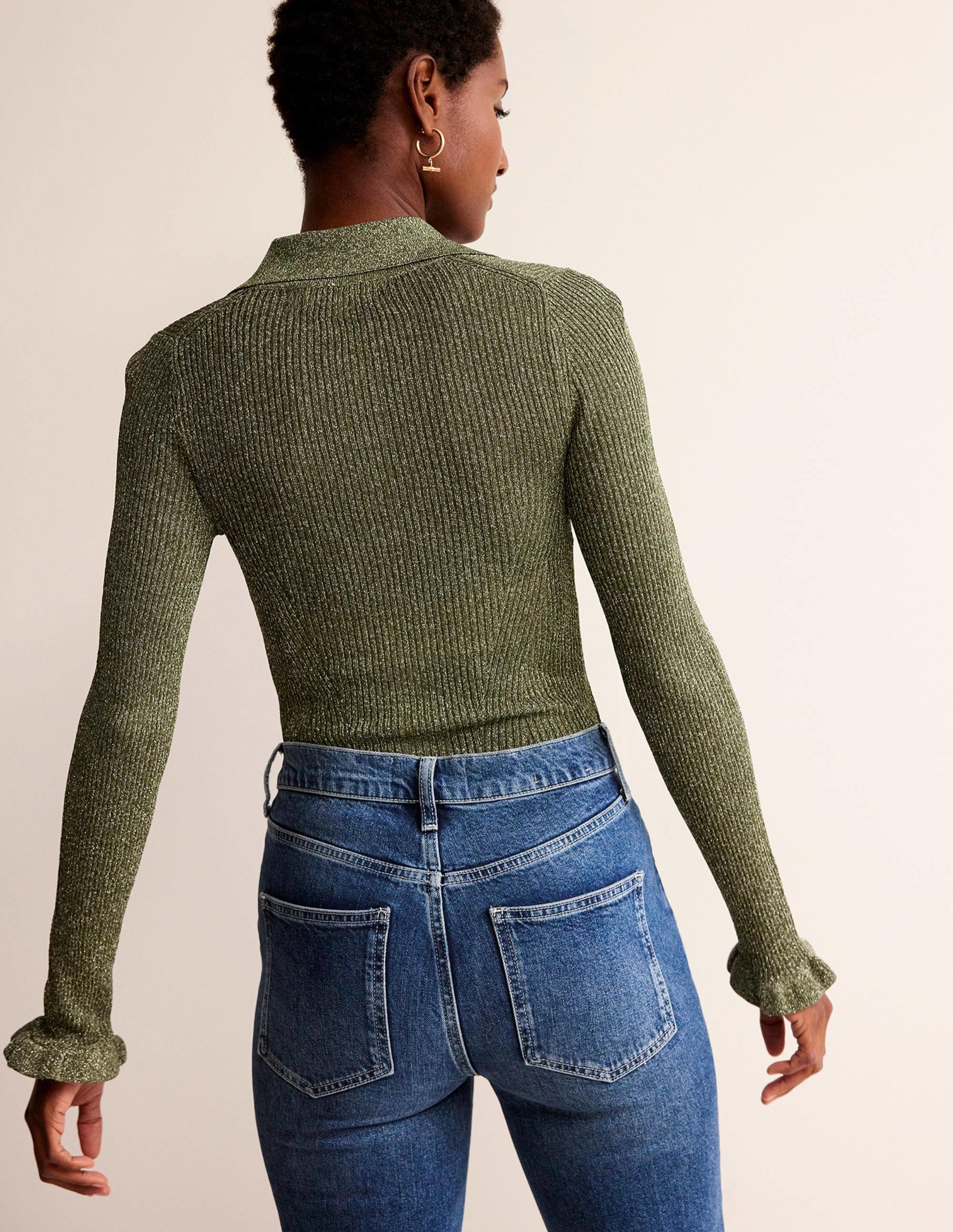 Sparkle-Rib Collared Cardigan-Olive Metallic - Image 3