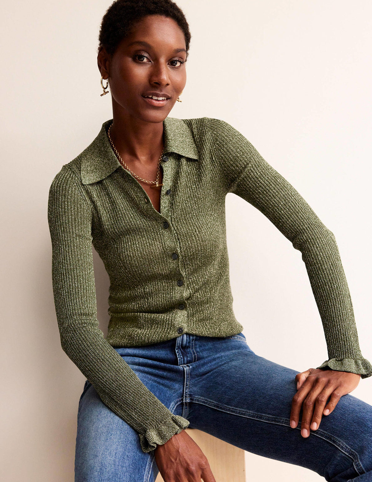 Sparkle-Rib Collared Cardigan-Olive Metallic - Image 4