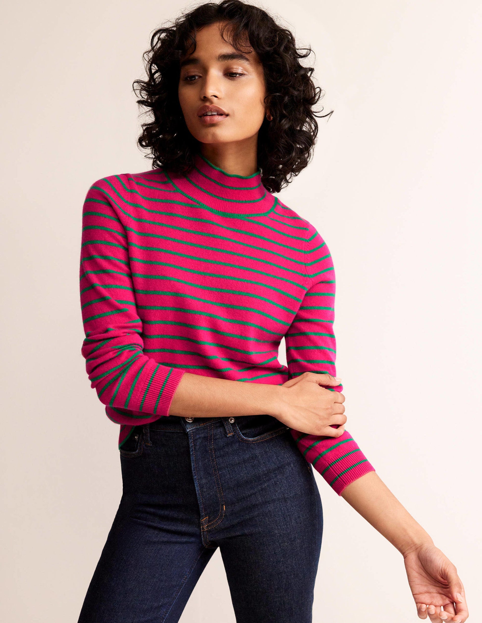 Striped Cashmere Sweater-Vibrant Pink / Veridian Green-1