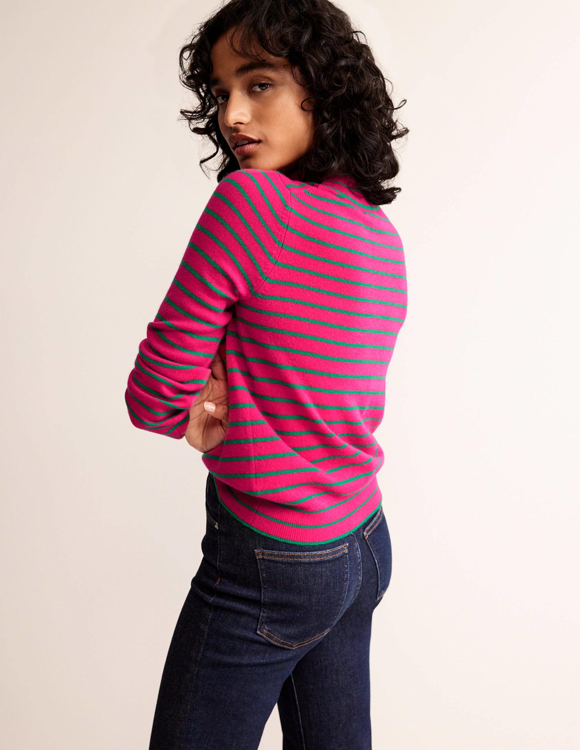 Striped Cashmere Sweater-Vibrant Pink / Veridian Green - Image 3