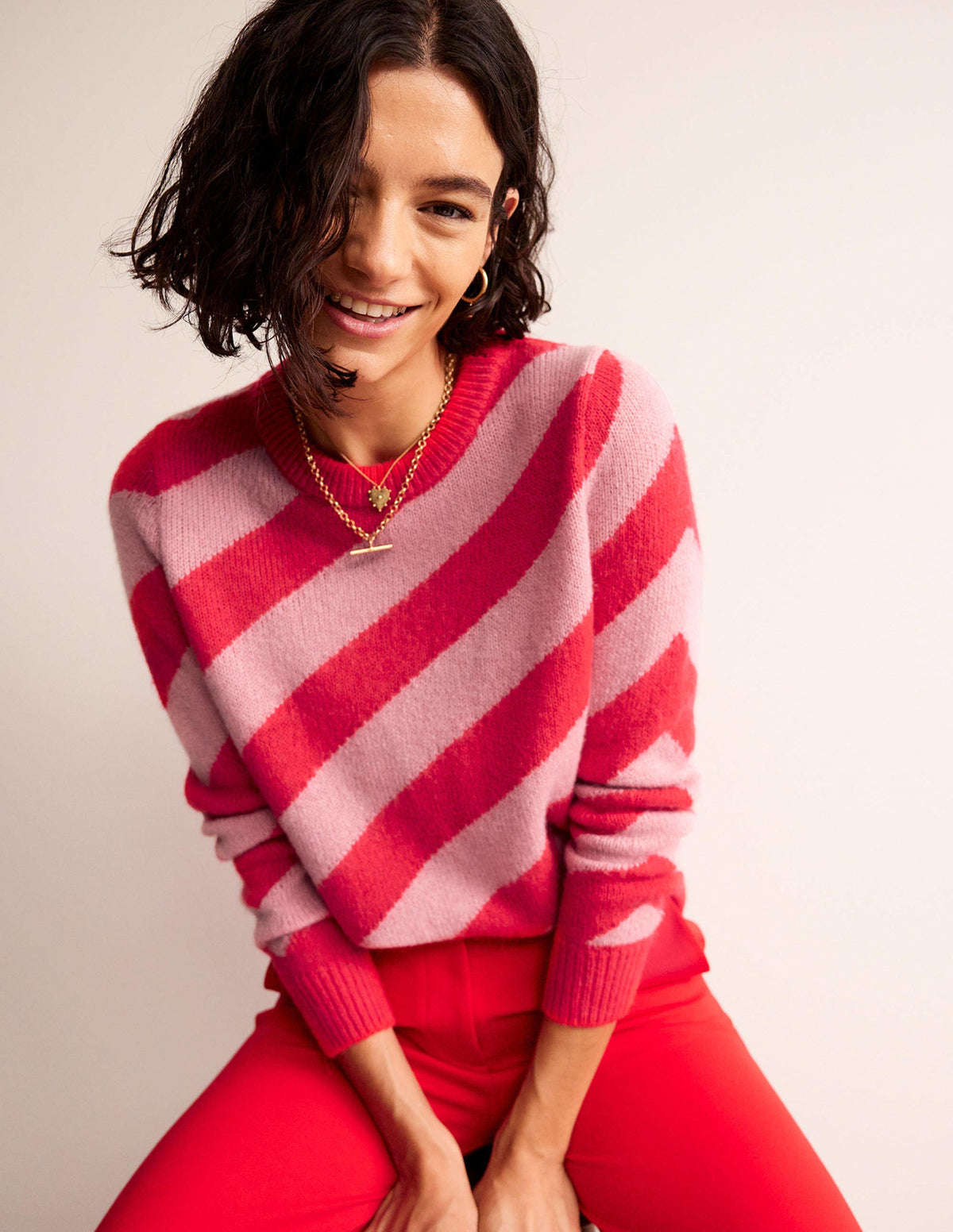 Fluffy Diagonal Stripe Sweater-Pink and Orange Stripe - Image 1