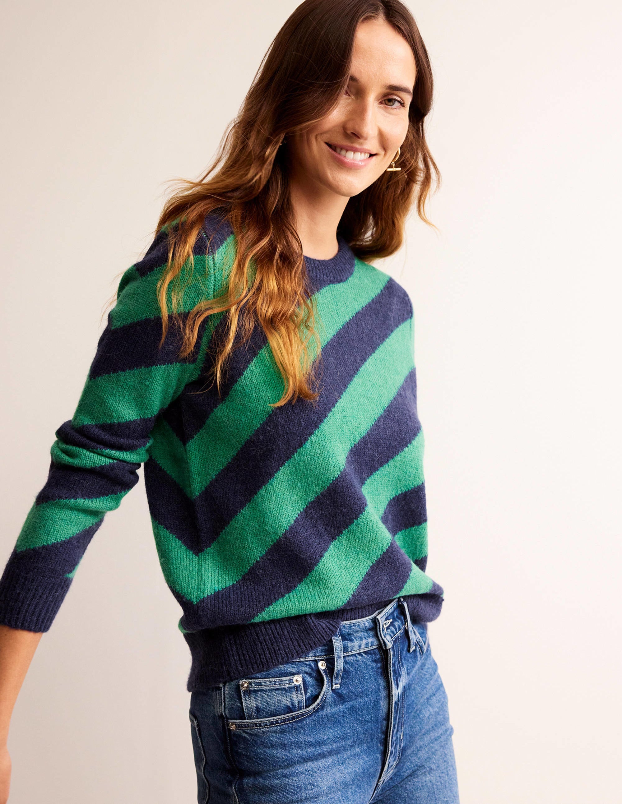 Fluffy Diagonal Stripe Sweater-Navy and Green Stripe - Image 1