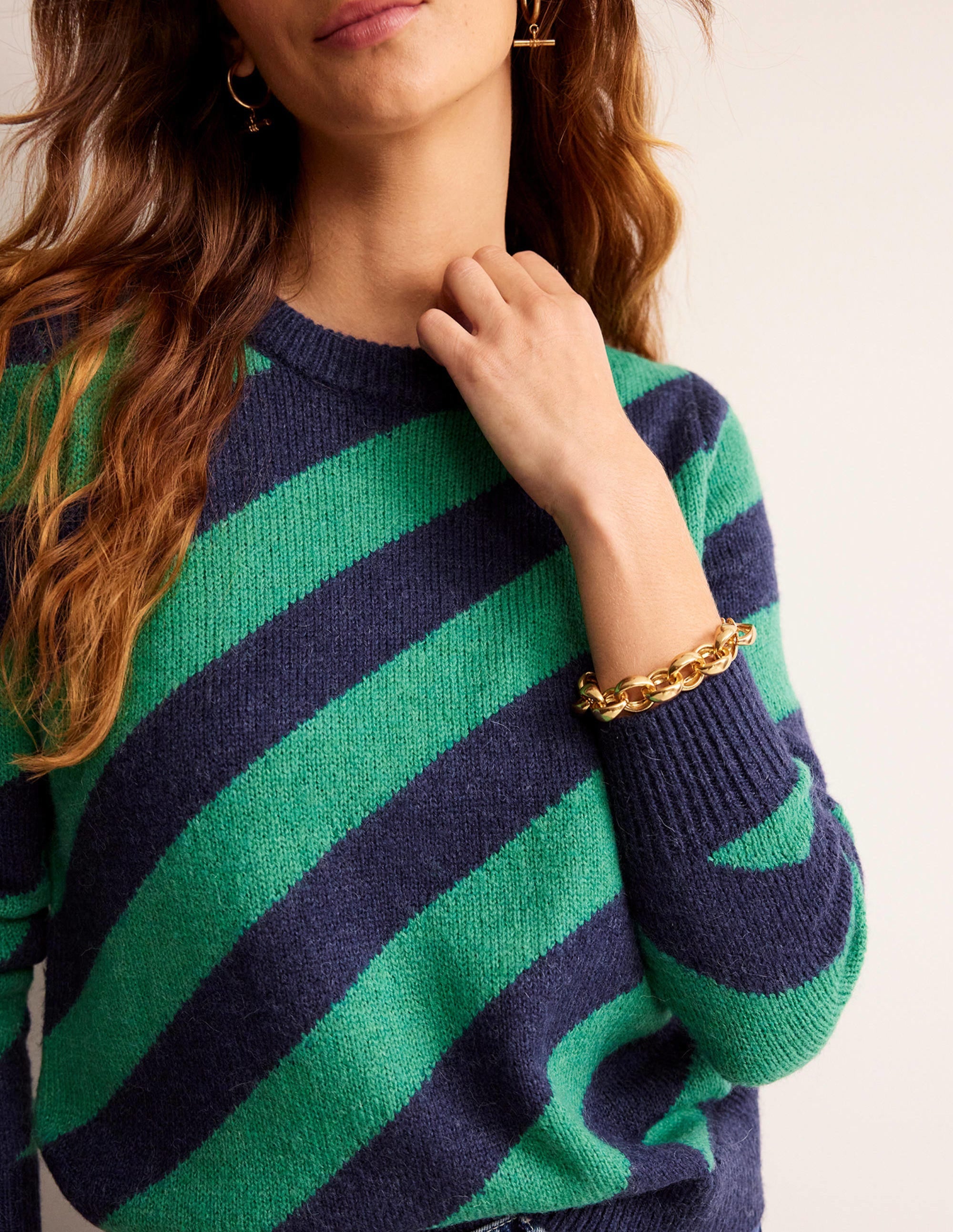 Fluffy Diagonal Stripe Sweater-Navy and Green Stripe - Image 2