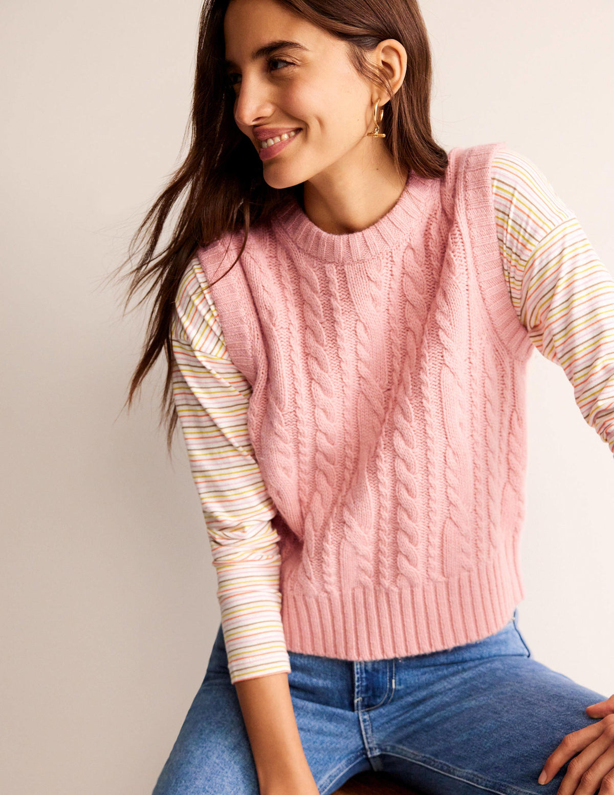 Cable Crew Neck Sweater Vest-Chalky Pink - Image 1