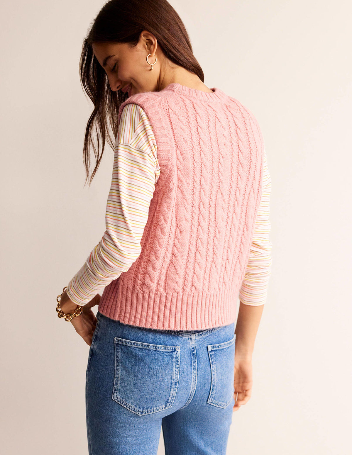 Cable Crew Neck Sweater Vest-Chalky Pink-3