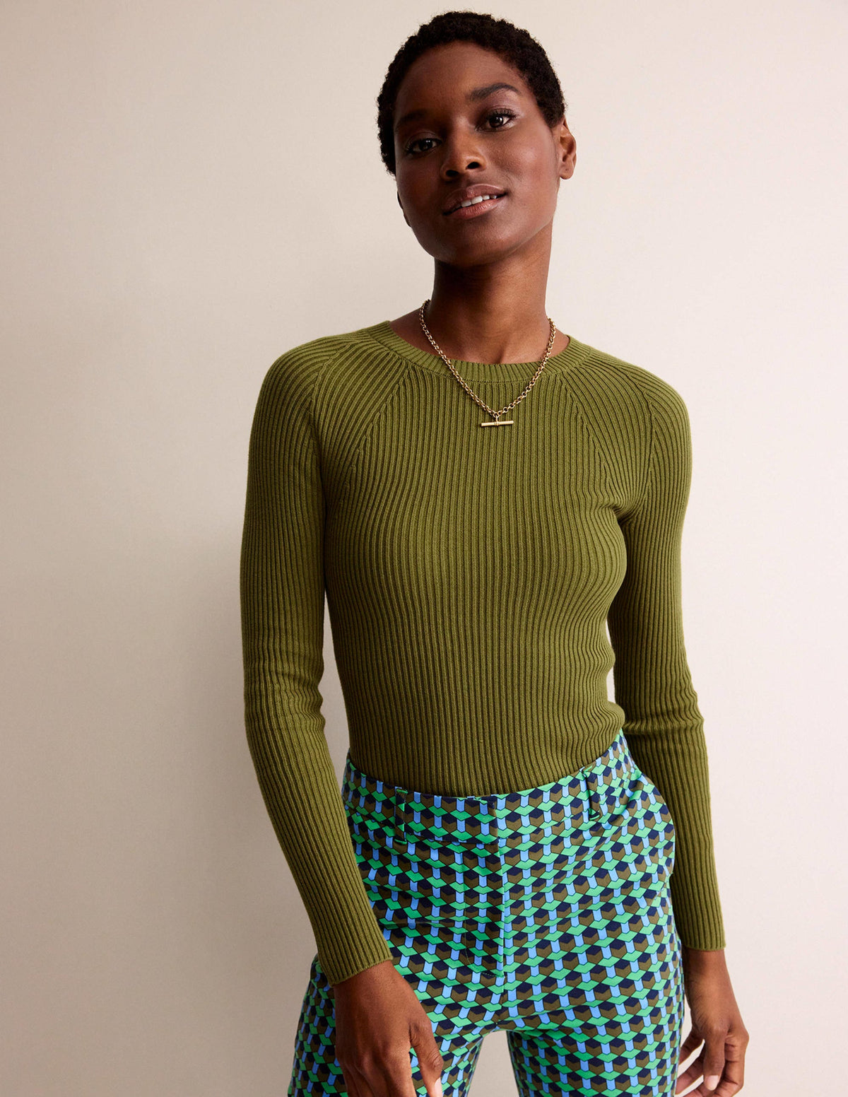 Ribbed Cotton Jumper-Green Olive - Image 1