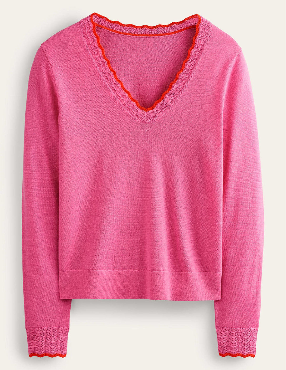Merino Scallop V-Neck Sweater-Mid Pink-5