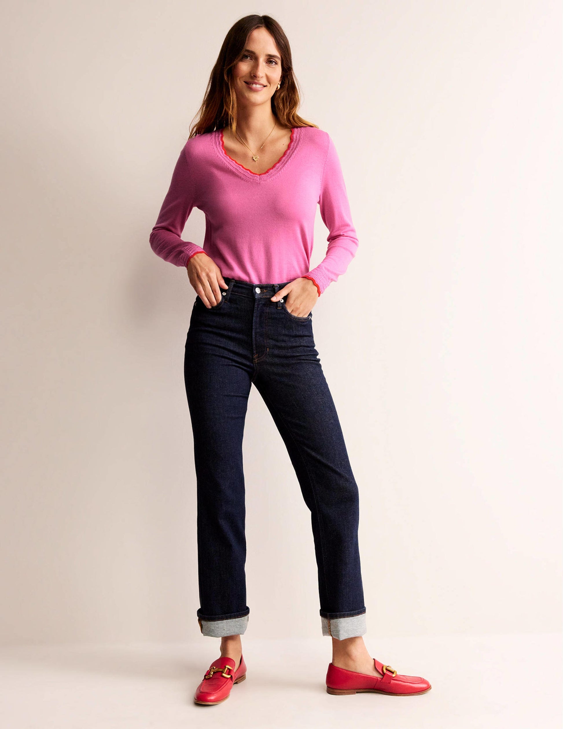 Merino Scallop V-Neck Sweater-Mid Pink-4