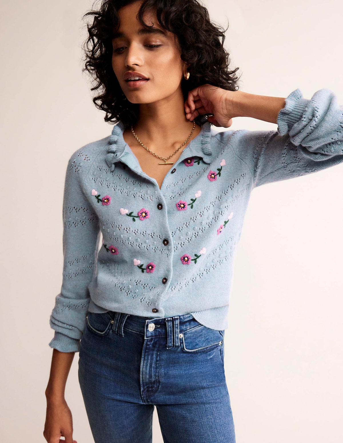 Floral-Embroidered Cardigan-Blue Pebble - Image 1