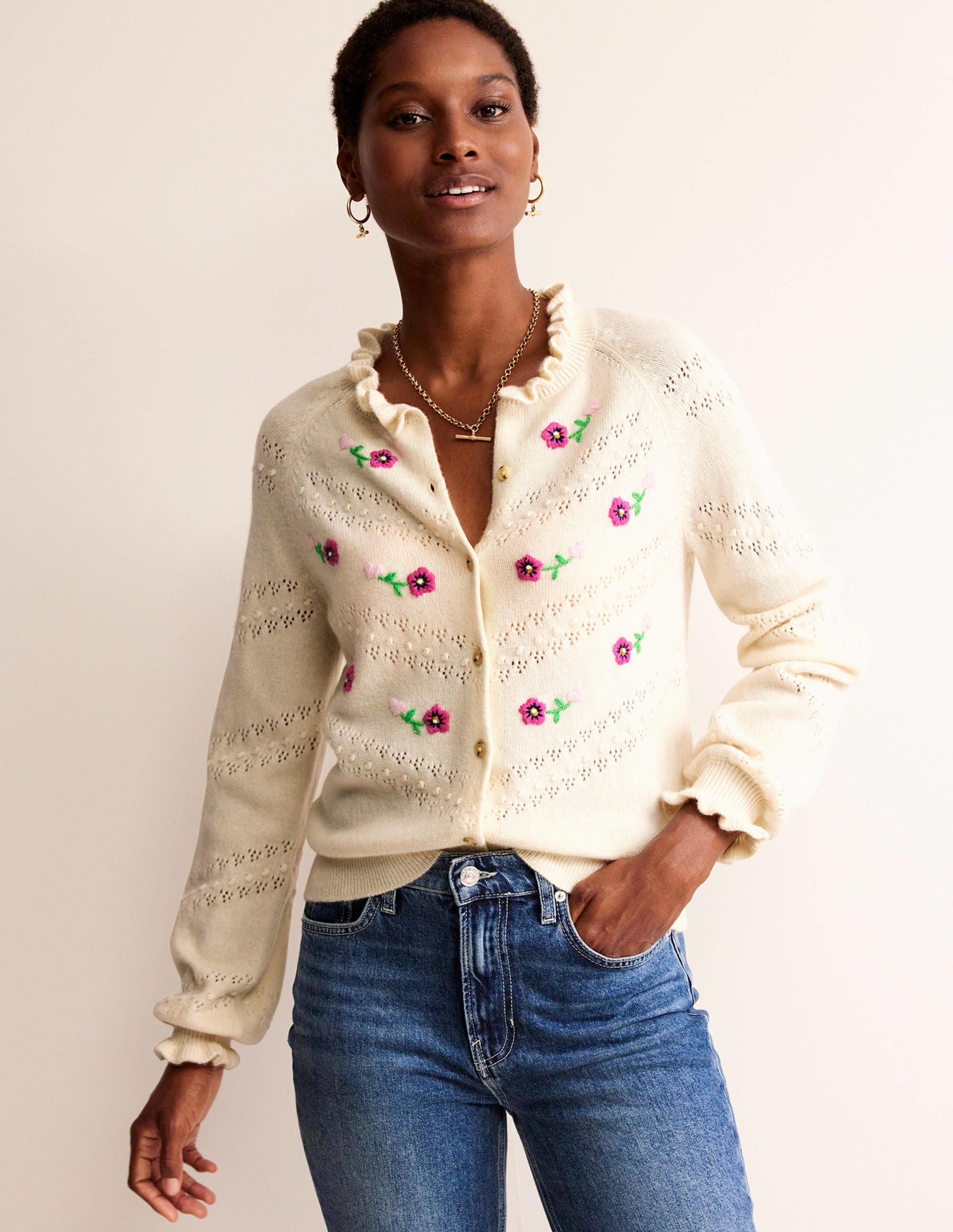 Floral-Embroidered Cardigan-Warm Ivory - Image 1