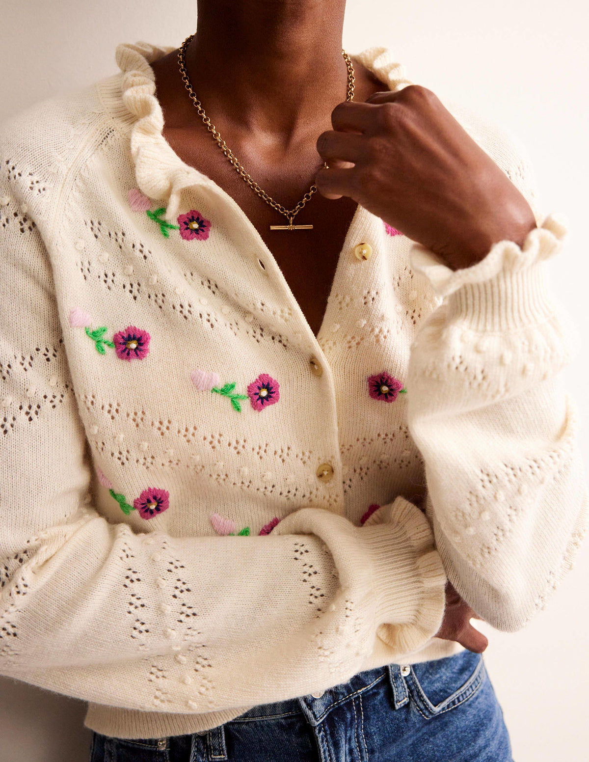 Floral-Embroidered Cardigan-Warm Ivory - Image 2