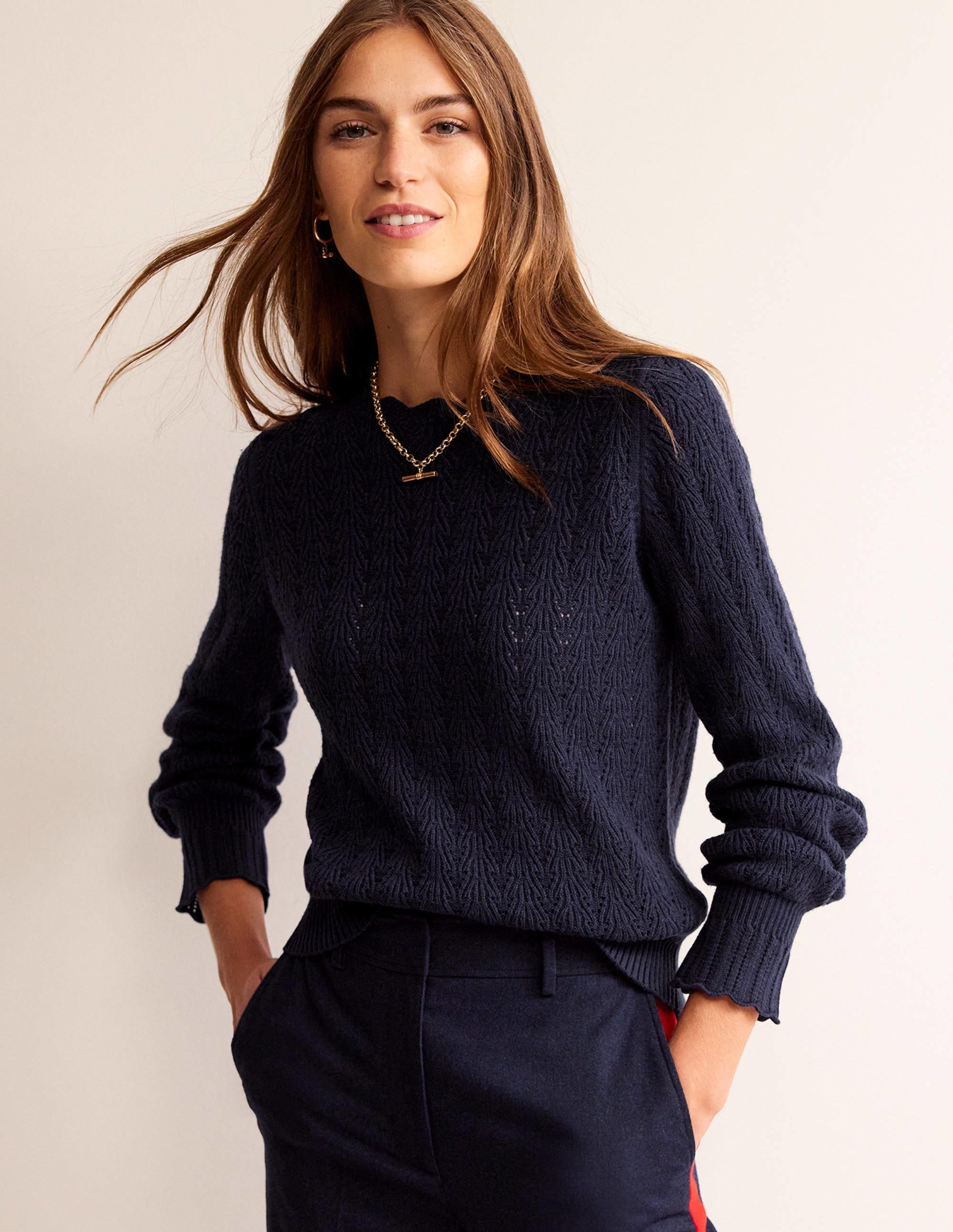Pointelle Stitch Sweater-Navy - Image 1