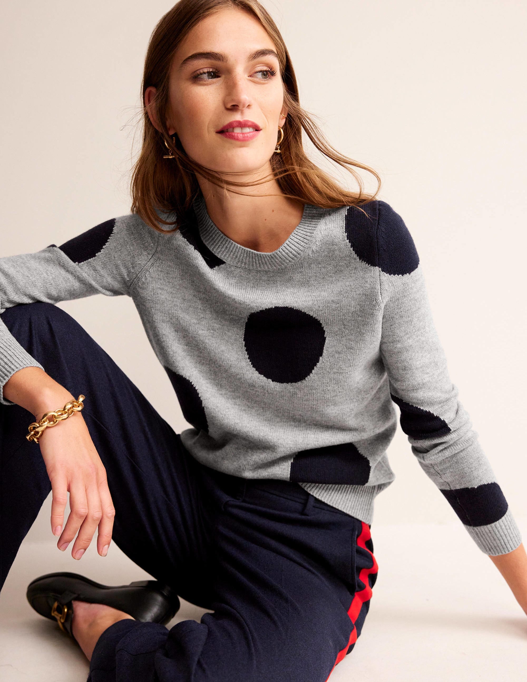 Intarsia Spot Sweater-Grey Melange, Navy Spot - Image 1