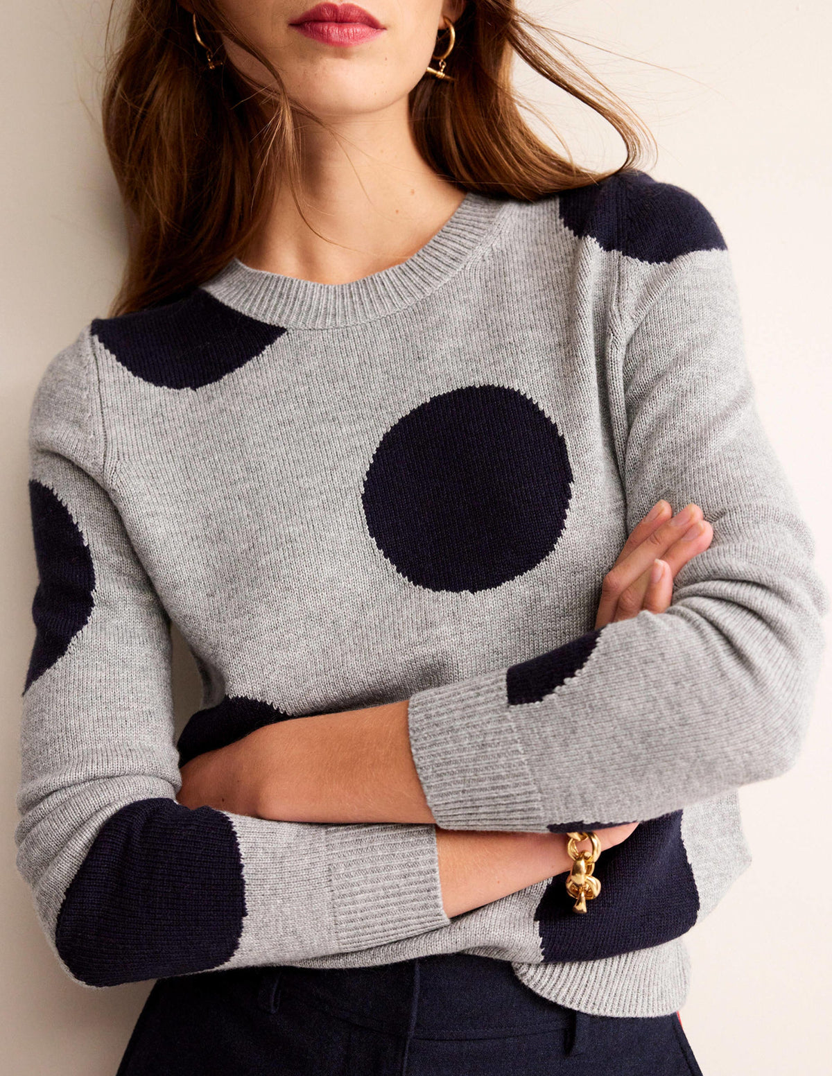 Intarsia Spot Sweater-Grey Melange, Navy Spot-2