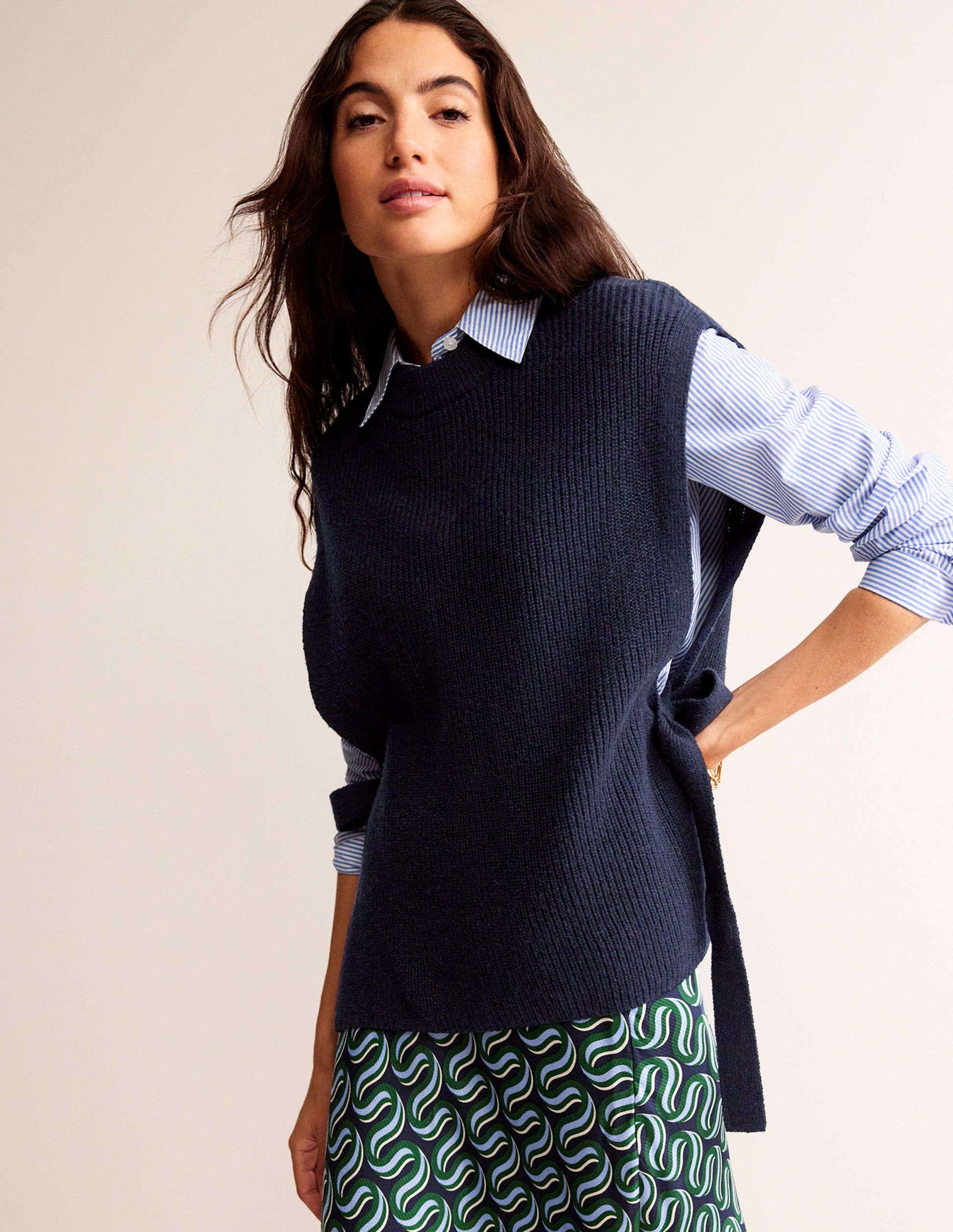 Tie-Side Knitted Tabard-Navy-4