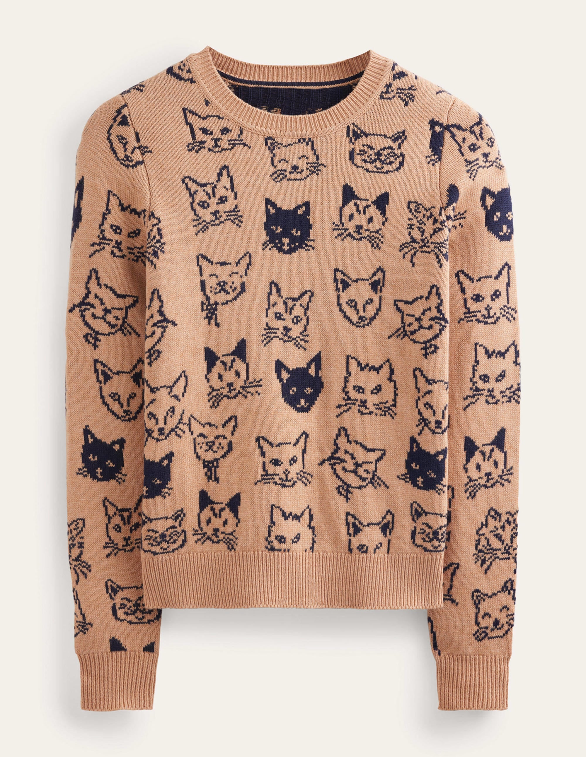 Heather Jacquard Sweater-Camel and Navy, Cats - Image 5