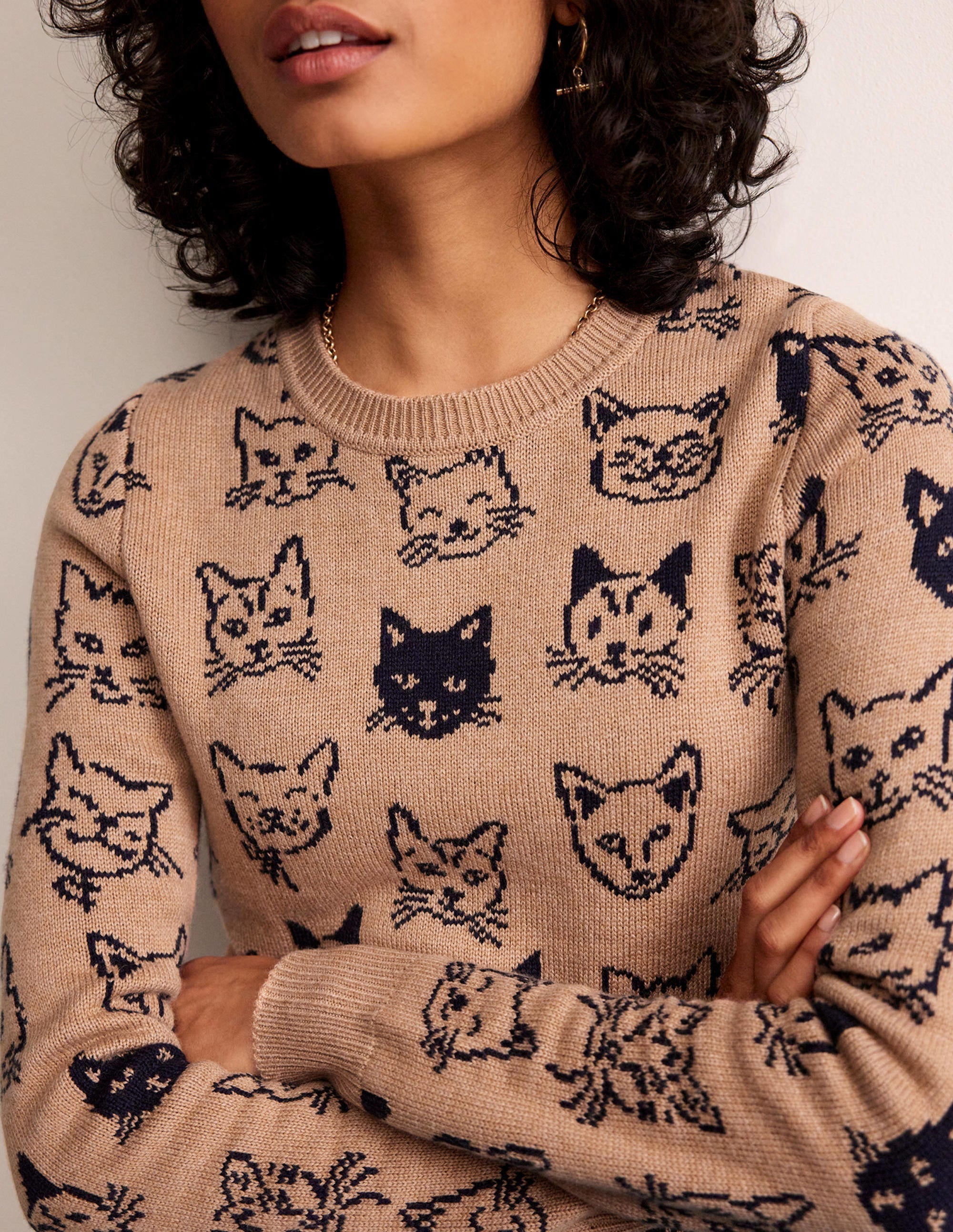 Heather Jacquard Sweater-Camel and Navy, Cats - Image 2