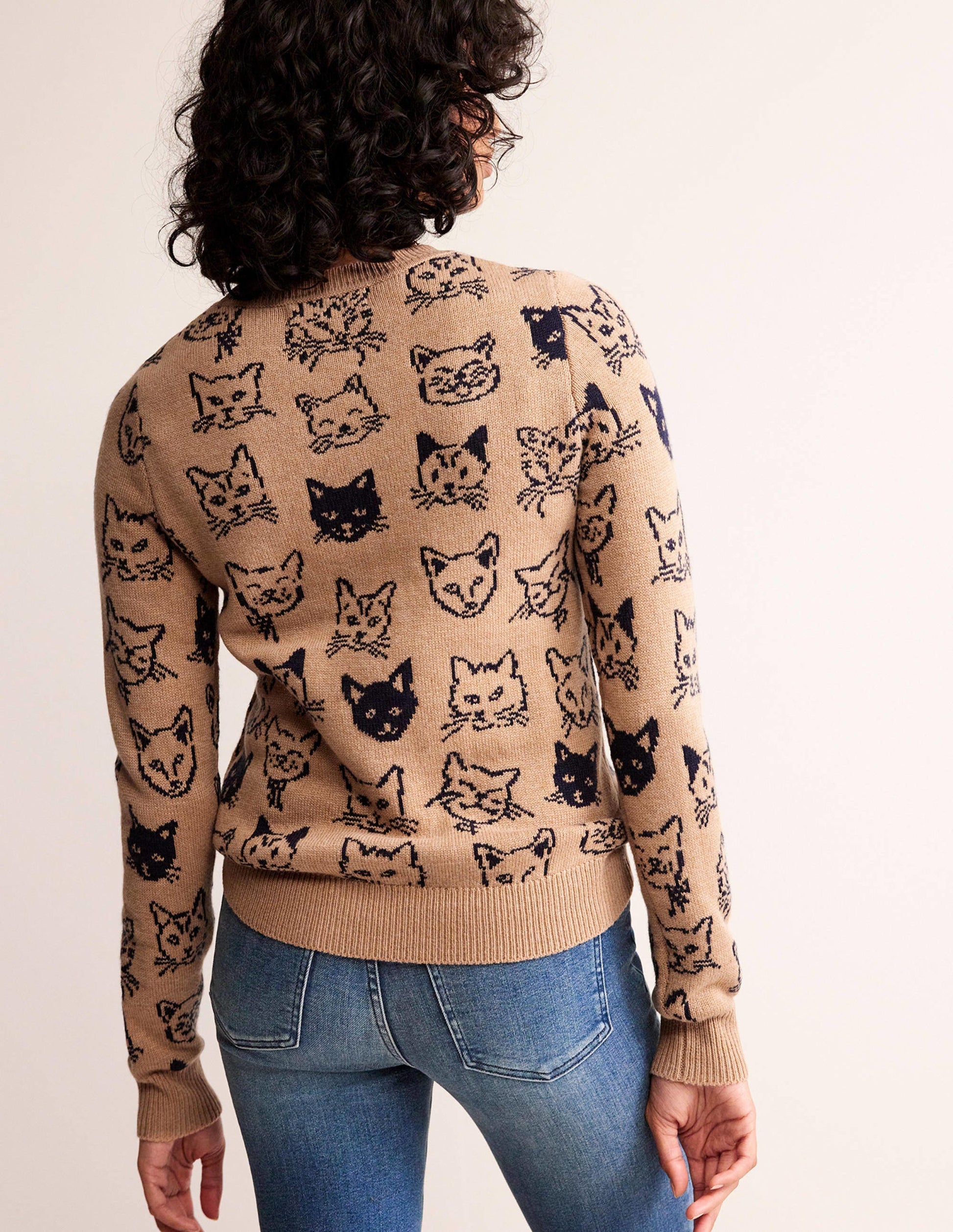 Heather Jacquard Sweater-Camel and Navy, Cats-3