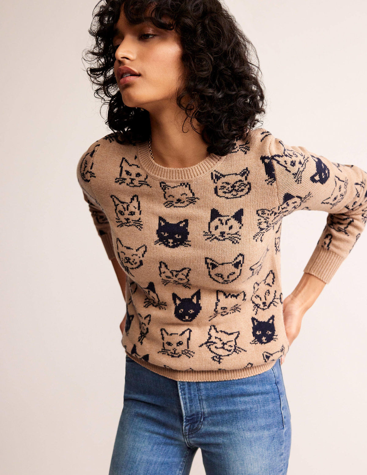 Heather Jacquard Sweater-Camel and Navy, Cats-4