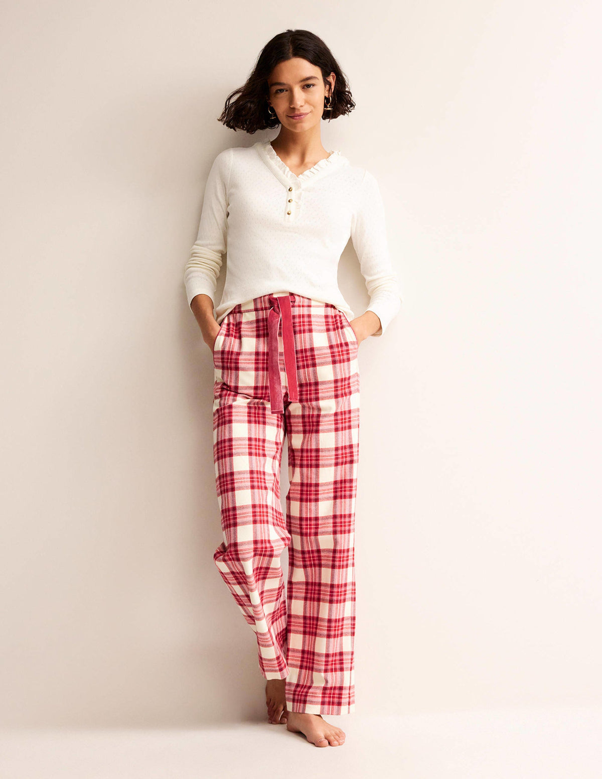 Brushed Cotton Pajama Pants-Tonal Reds Check-1