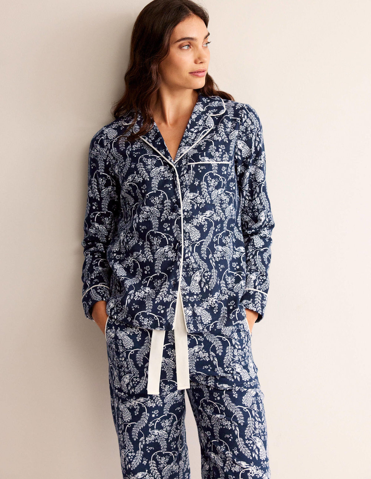 Brushed Cotton Pajama Shirt-French Navy, Peacock - Image 1