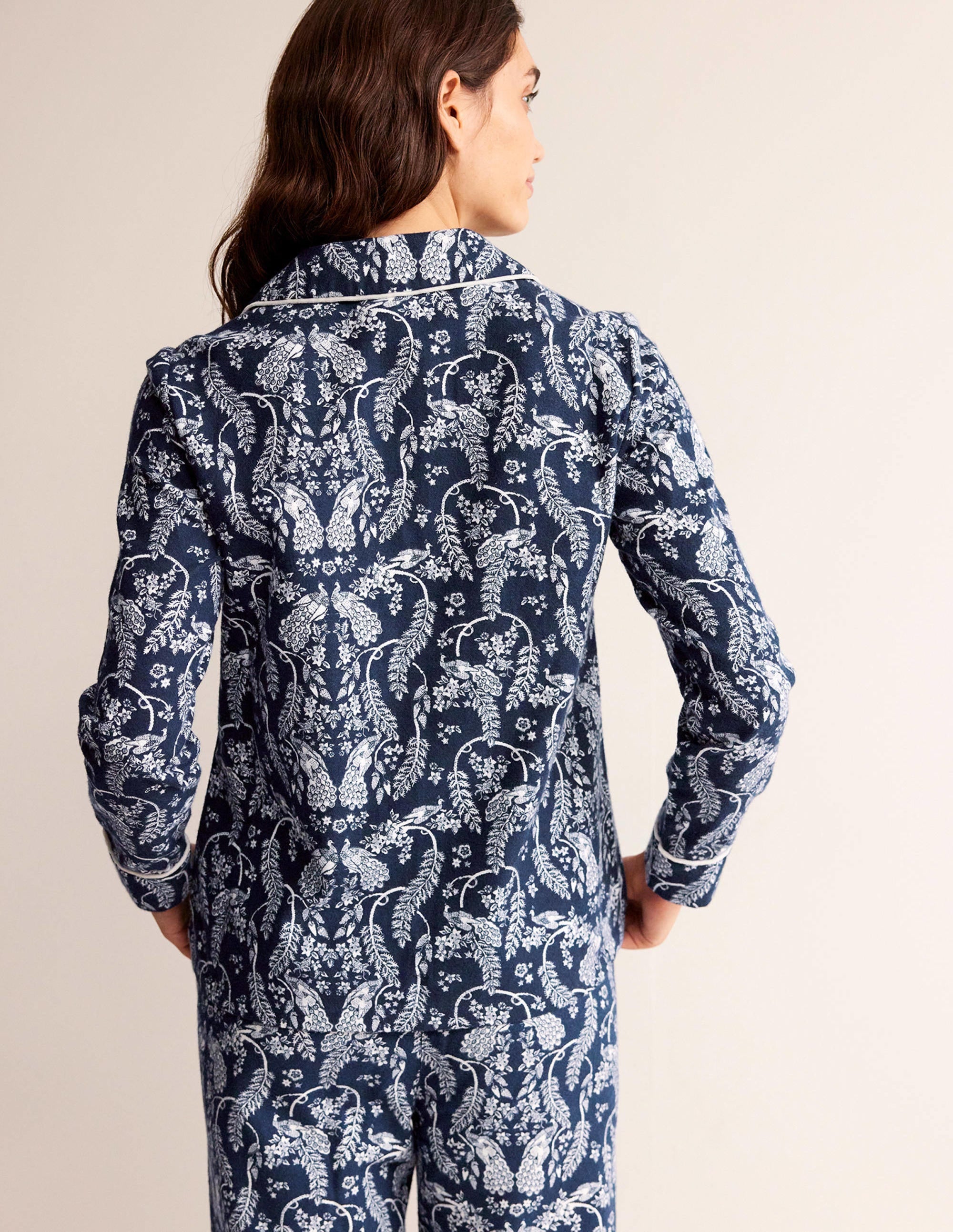 Brushed Cotton Pajama Shirt-French Navy, Peacock - Image 3