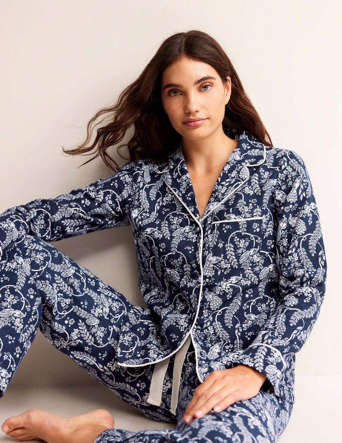 Brushed Cotton Pajama Shirt-French Navy, Peacock - Image 4