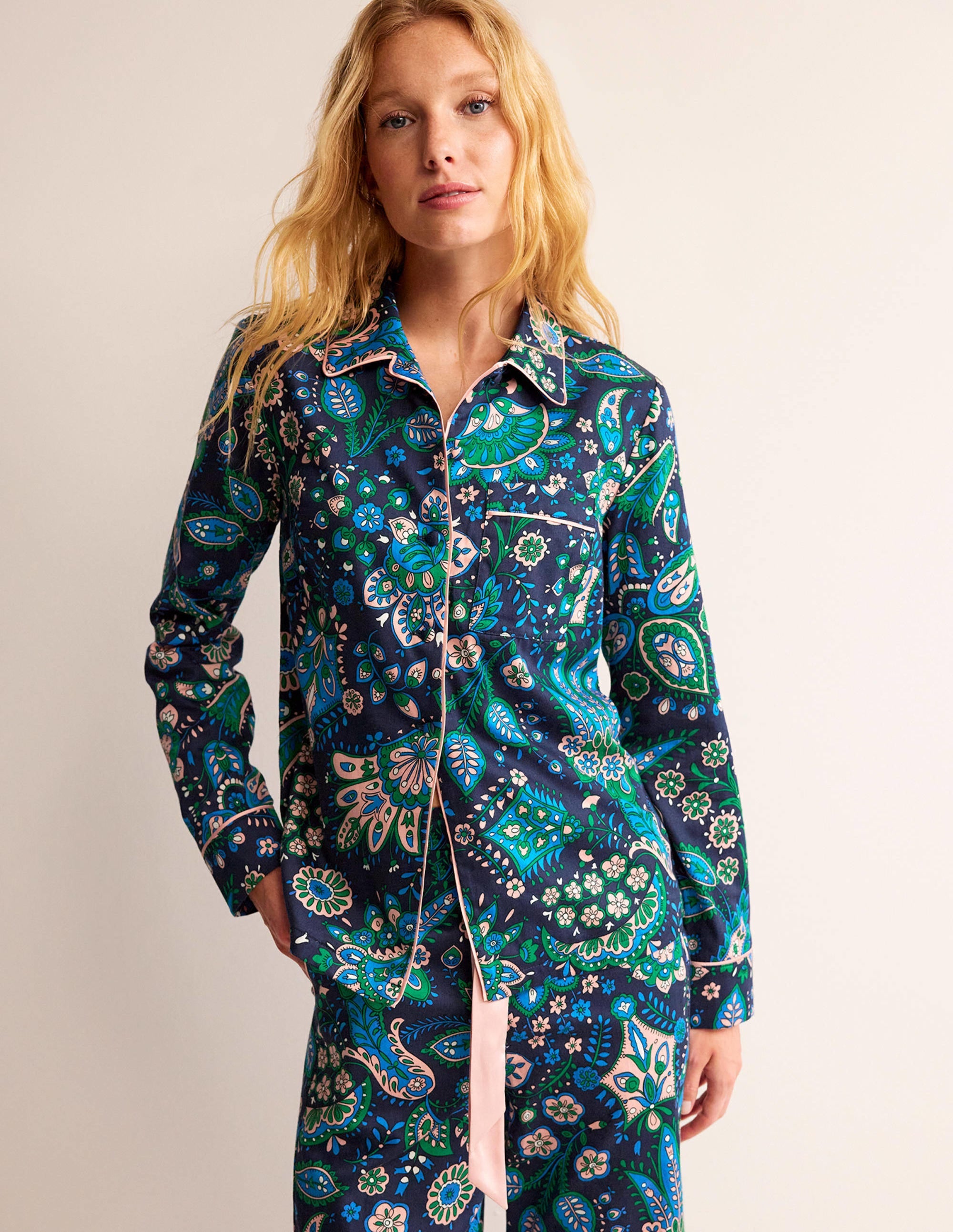 Cotton Sateen Pajama Shirt-Multi, Azalea Bloom - Image 1