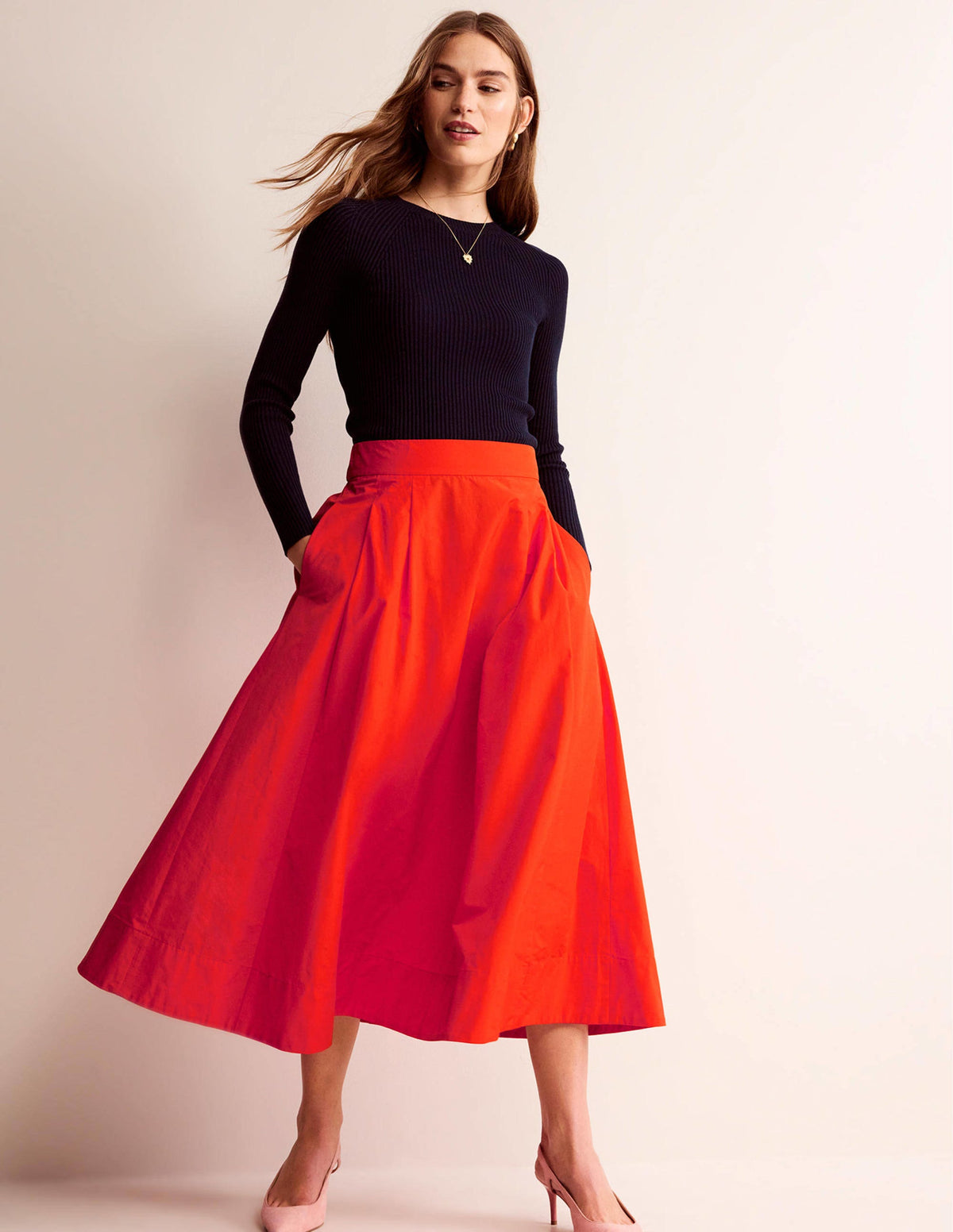 Taffeta Pull-on Midi Skirt-Red-1