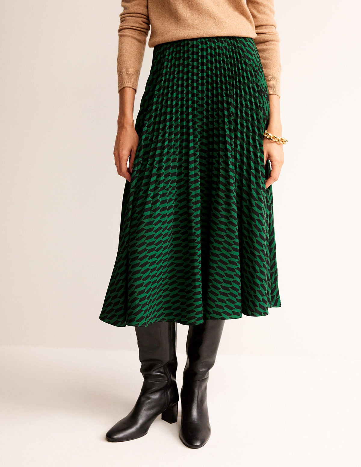 Pleated Midi Skirt-Bright Green, Terrace Geo - Image 4