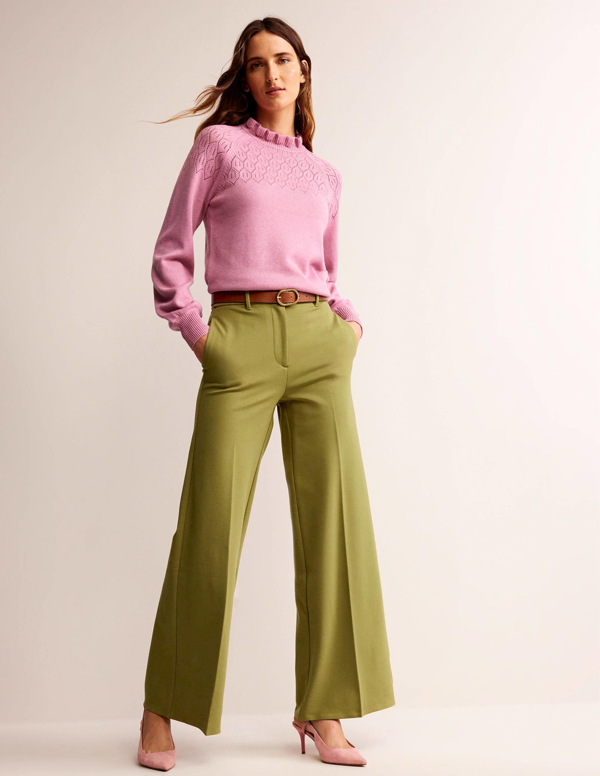 Wide Leg Jersey Pants-Green Olive - Image 1