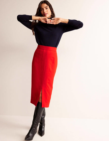 Wool Pencil Skirt-Red