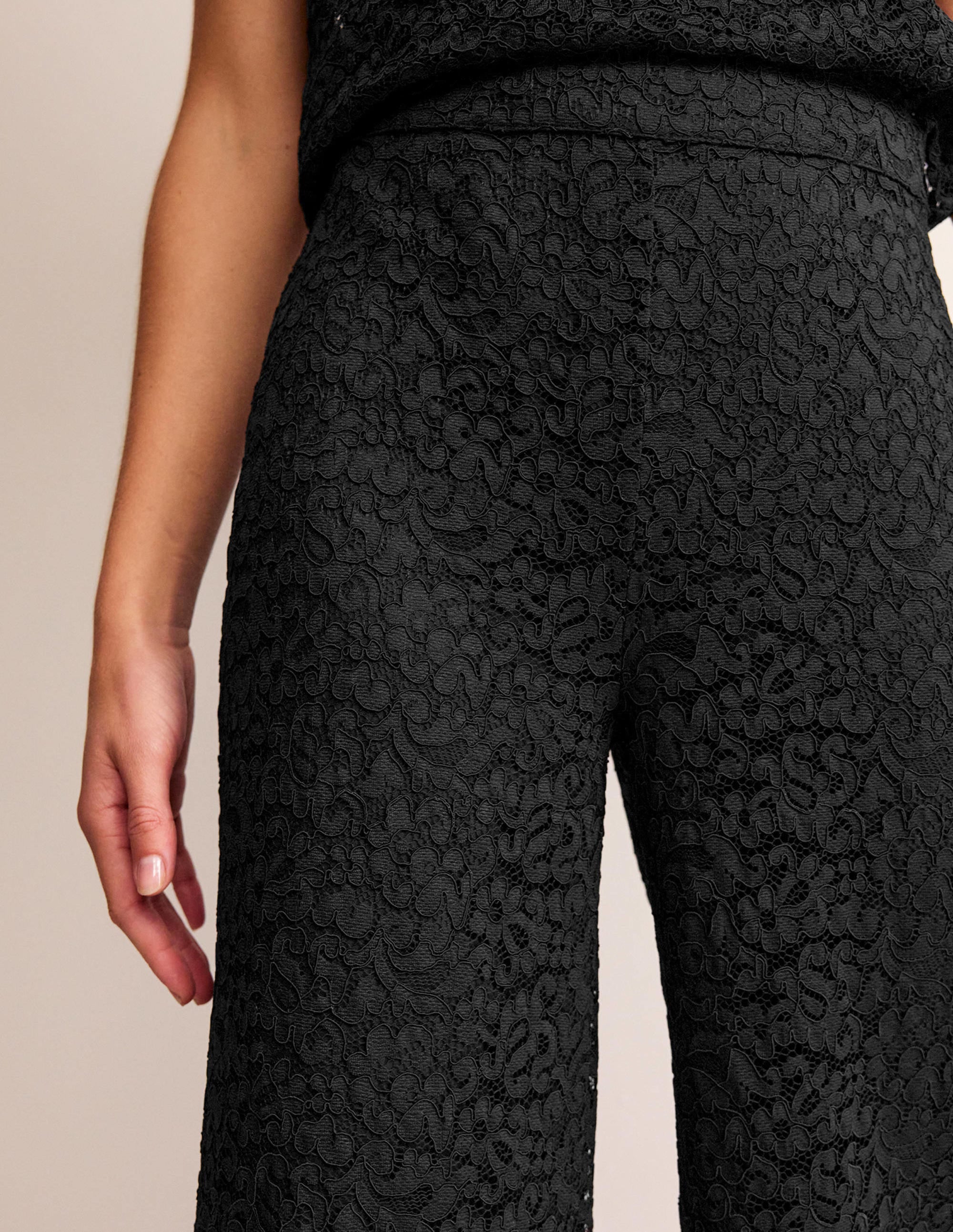 Cropped Wide-Leg Lace Pants-Black - Image 2