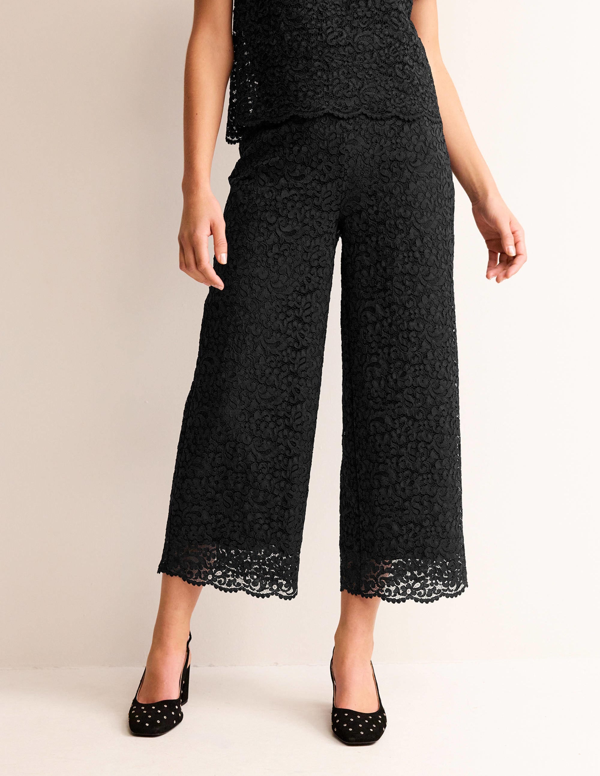 Cropped Wide-Leg Lace Pants-Black - Image 3