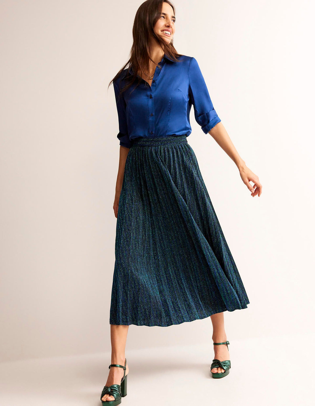 Jersey Metallic Pleated Skirt-Green / Navy Stripe-1