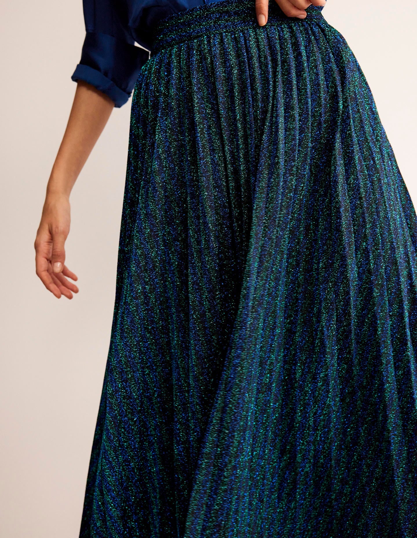 Jersey Metallic Pleated Skirt-Green / Navy Stripe-2