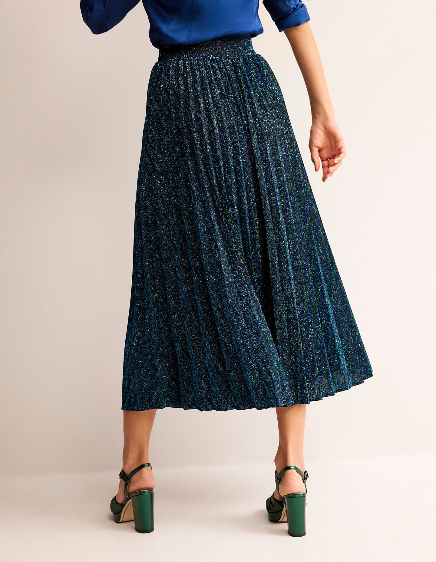 Jersey Metallic Pleated Skirt-Green / Navy Stripe - Image 3