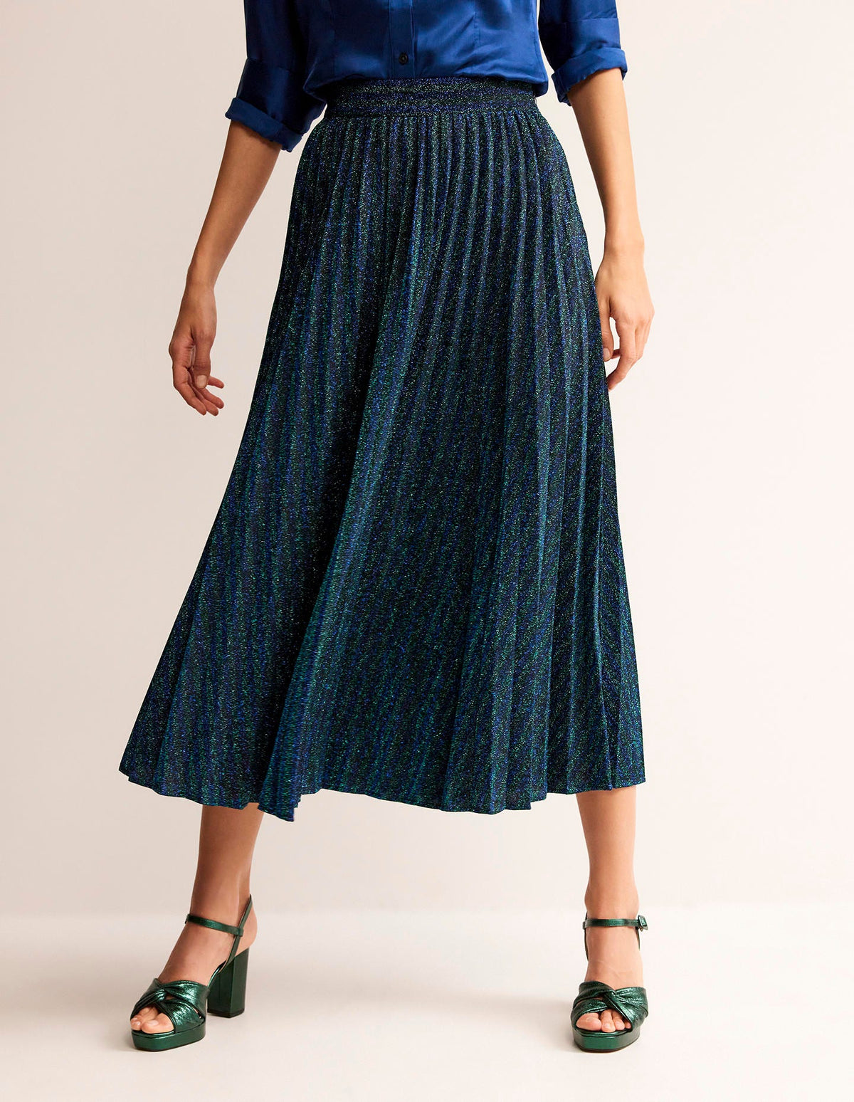 Jersey Metallic Pleated Skirt-Green / Navy Stripe - Image 4