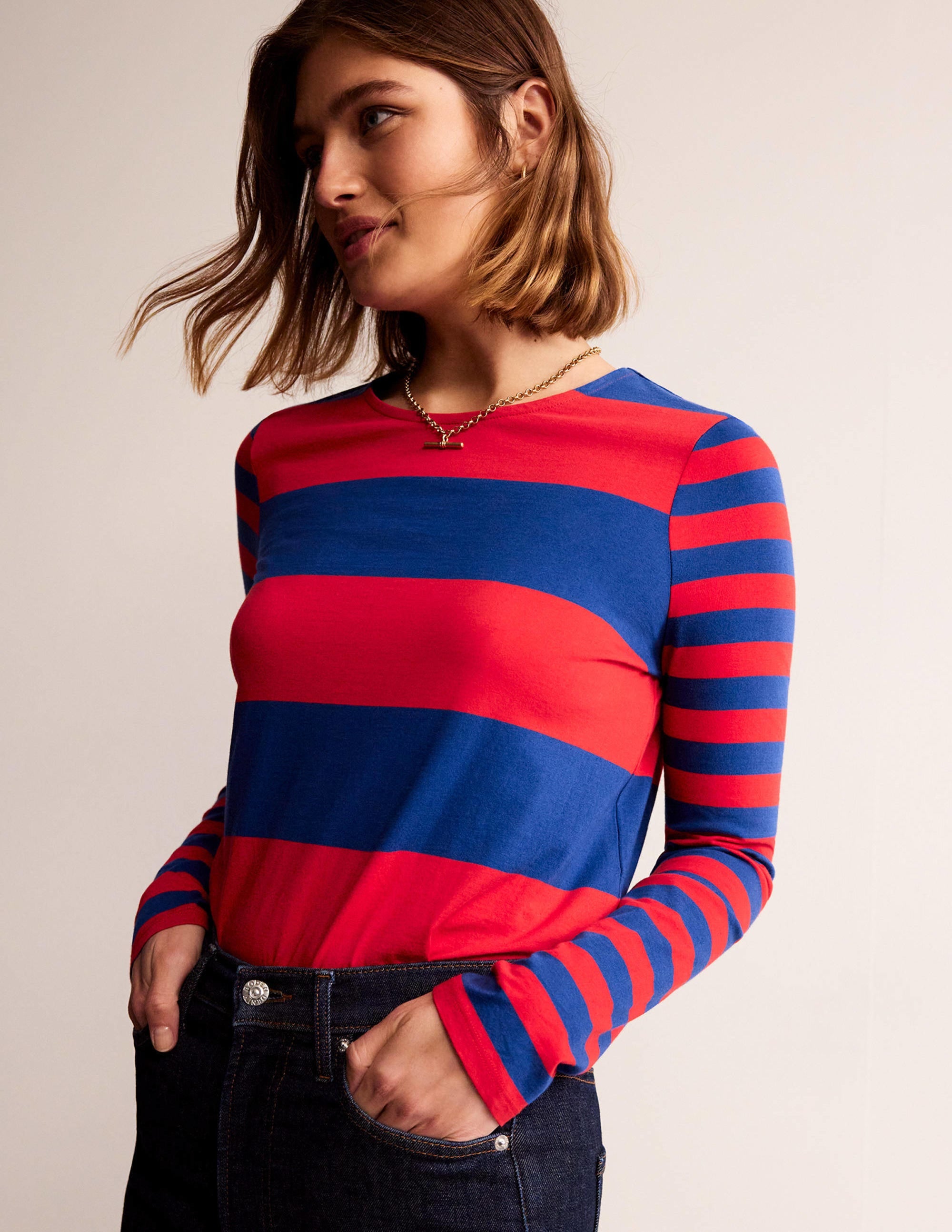 Bea Long Sleeve Breton-Dark Colbalt and Hot Pepper - Image 4