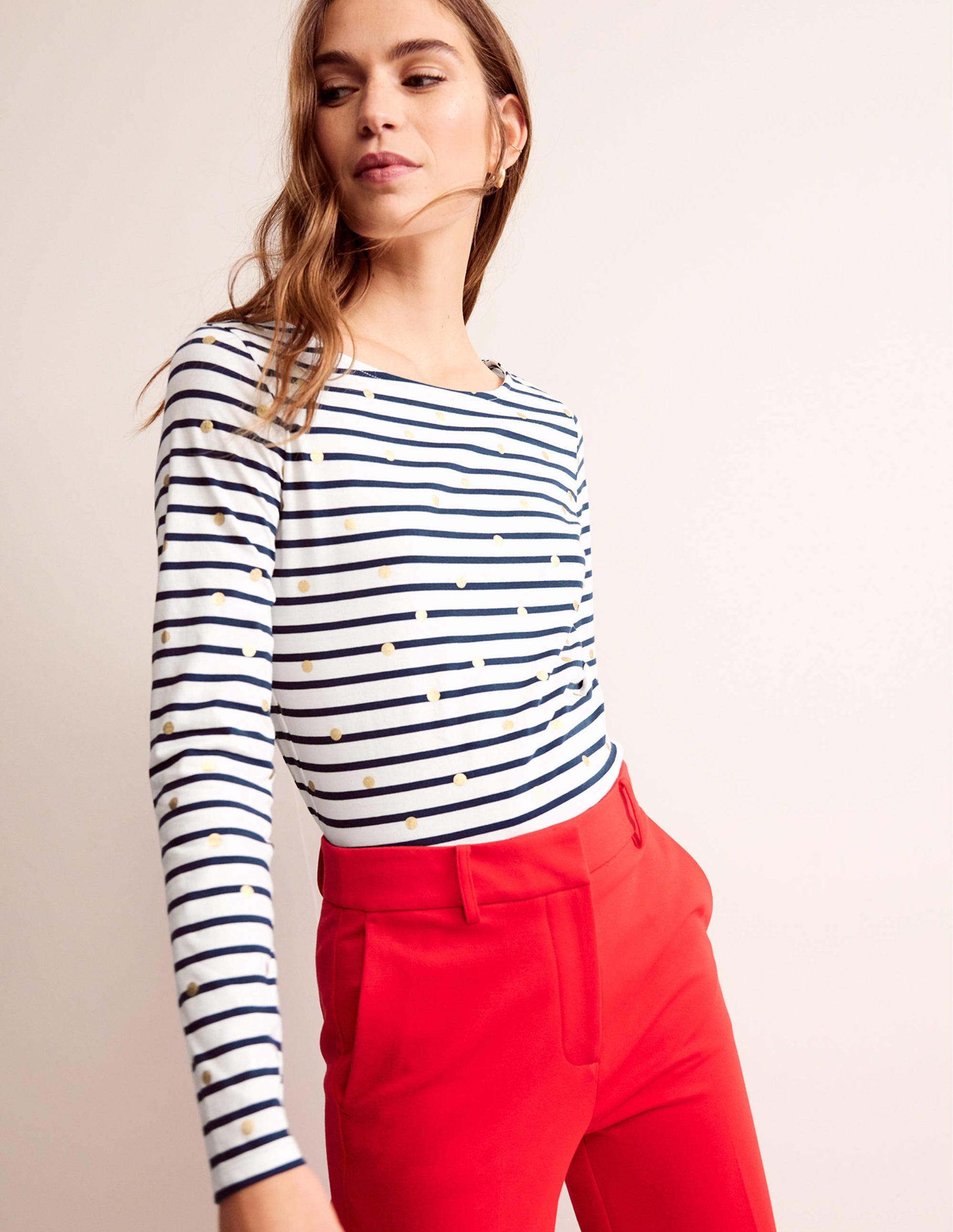 Ella Long Sleeve Breton-Ivory, Navy Foil Dot - Image 1