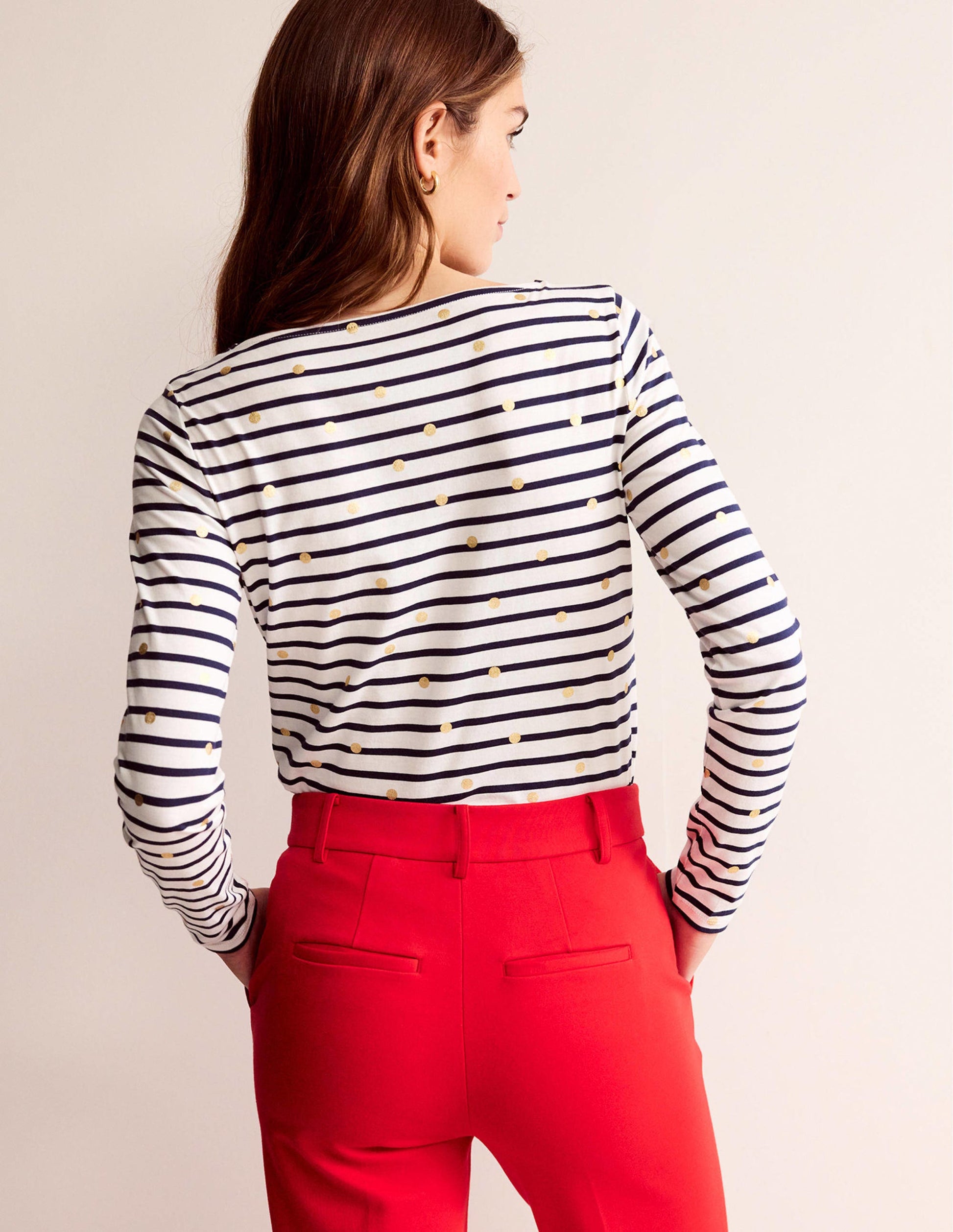 Ella Long Sleeve Breton-Ivory, Navy Foil Dot-3