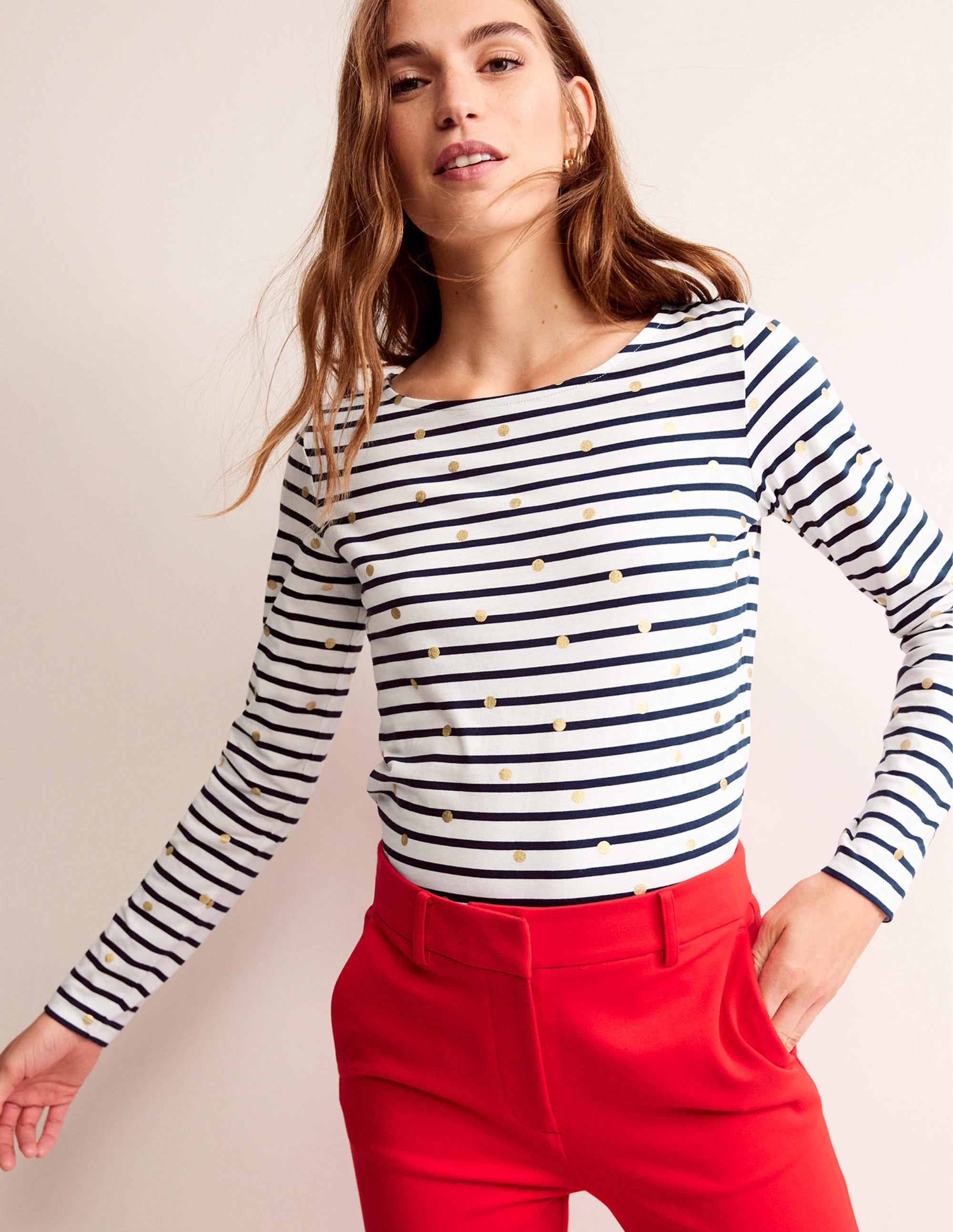 Ella Long Sleeve Breton-Ivory, Navy Foil Dot - Image 4