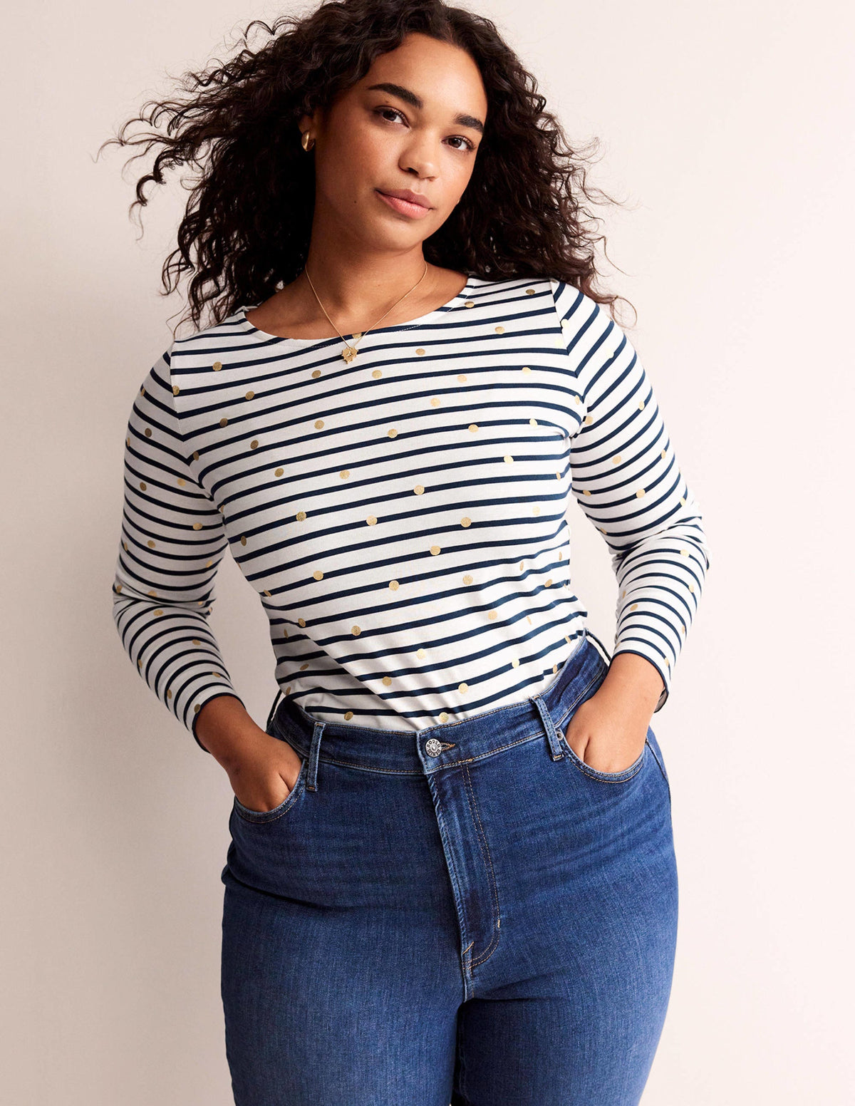 Ella Long Sleeve Breton-Ivory, Navy Foil Dot - Image 5