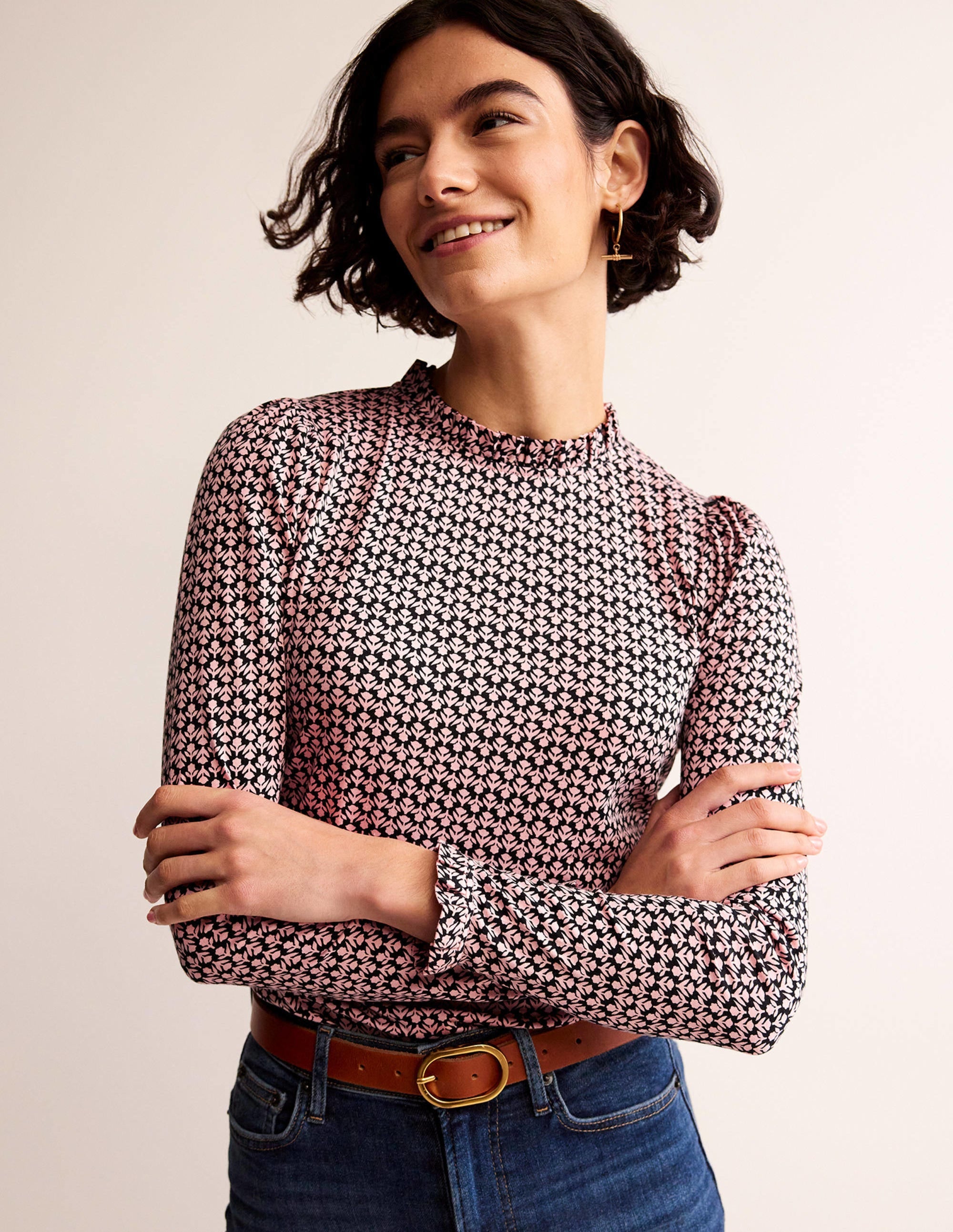 Supersoft Frill Detail Top-Black and Milkshake, Tulip Pop - Image 4