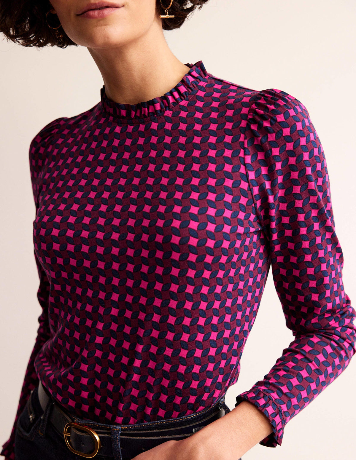 Supersoft Frill Detail Top-Vibrant Pink, Abstract Diamond-2