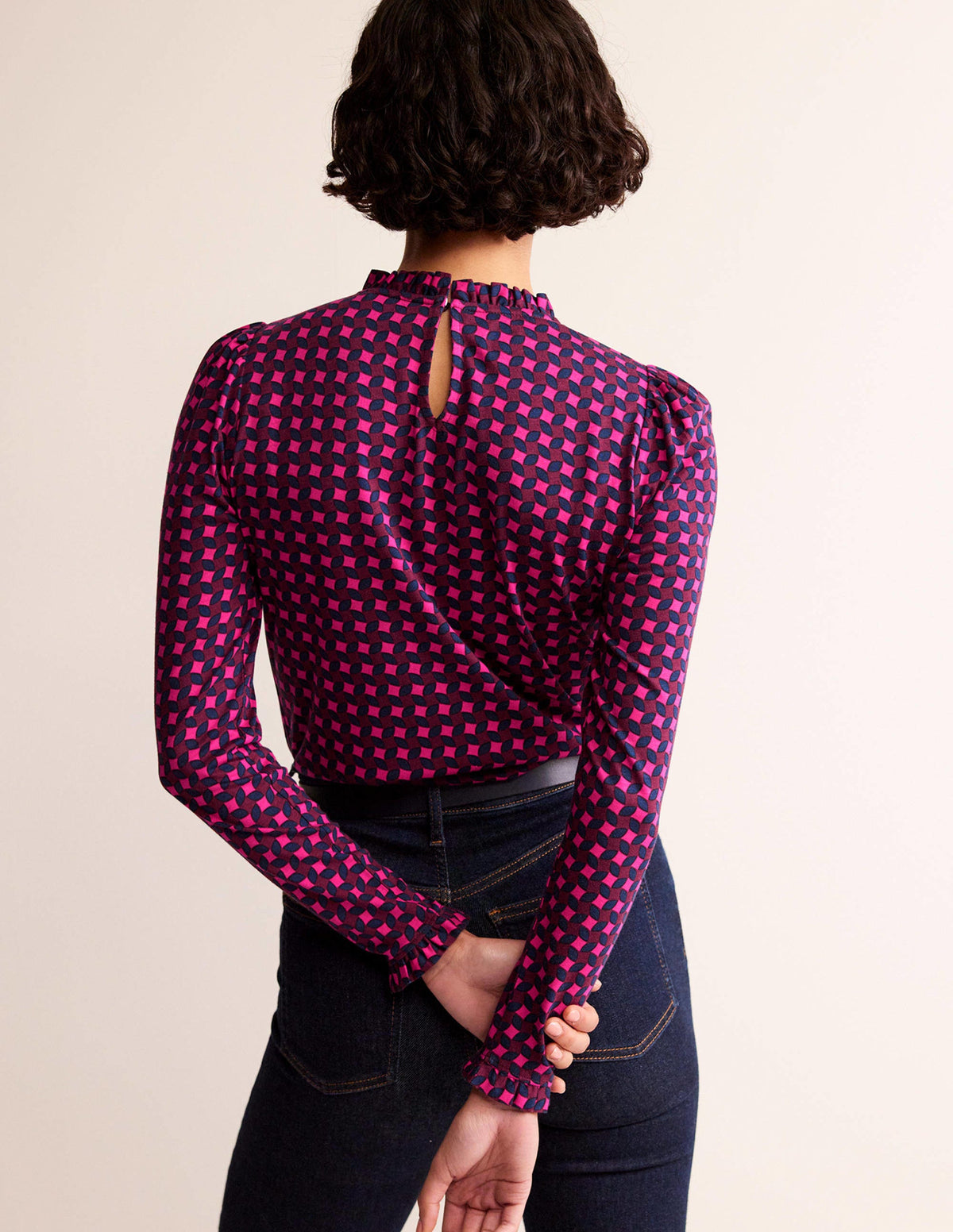 Supersoft Frill Detail Top-Vibrant Pink, Abstract Diamond - Image 3
