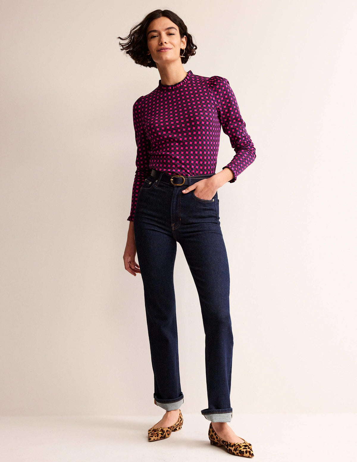 Supersoft Frill Detail Top-Vibrant Pink, Abstract Diamond-4