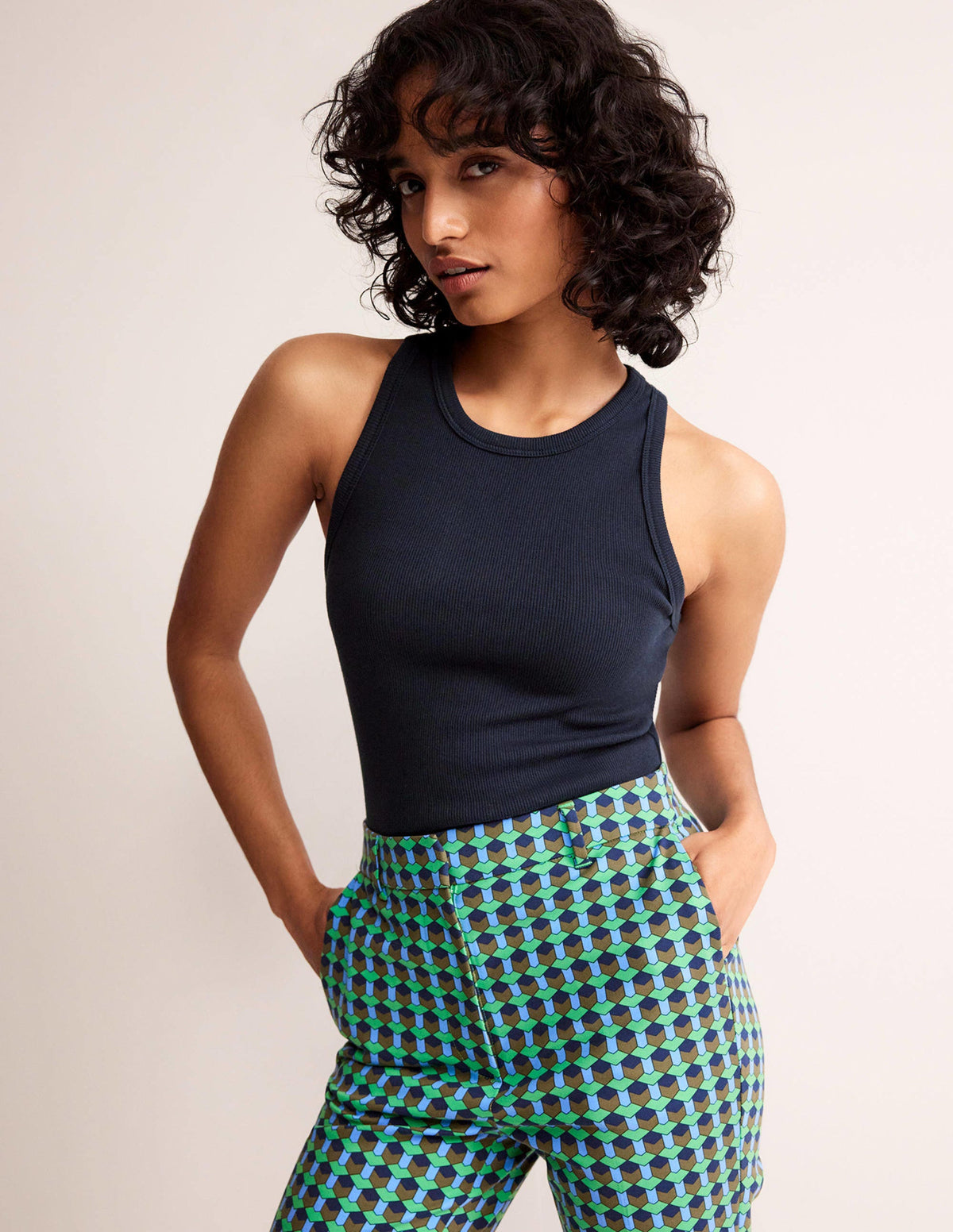 Cotton Ribbed Jersey Tank-Navy - Image 2