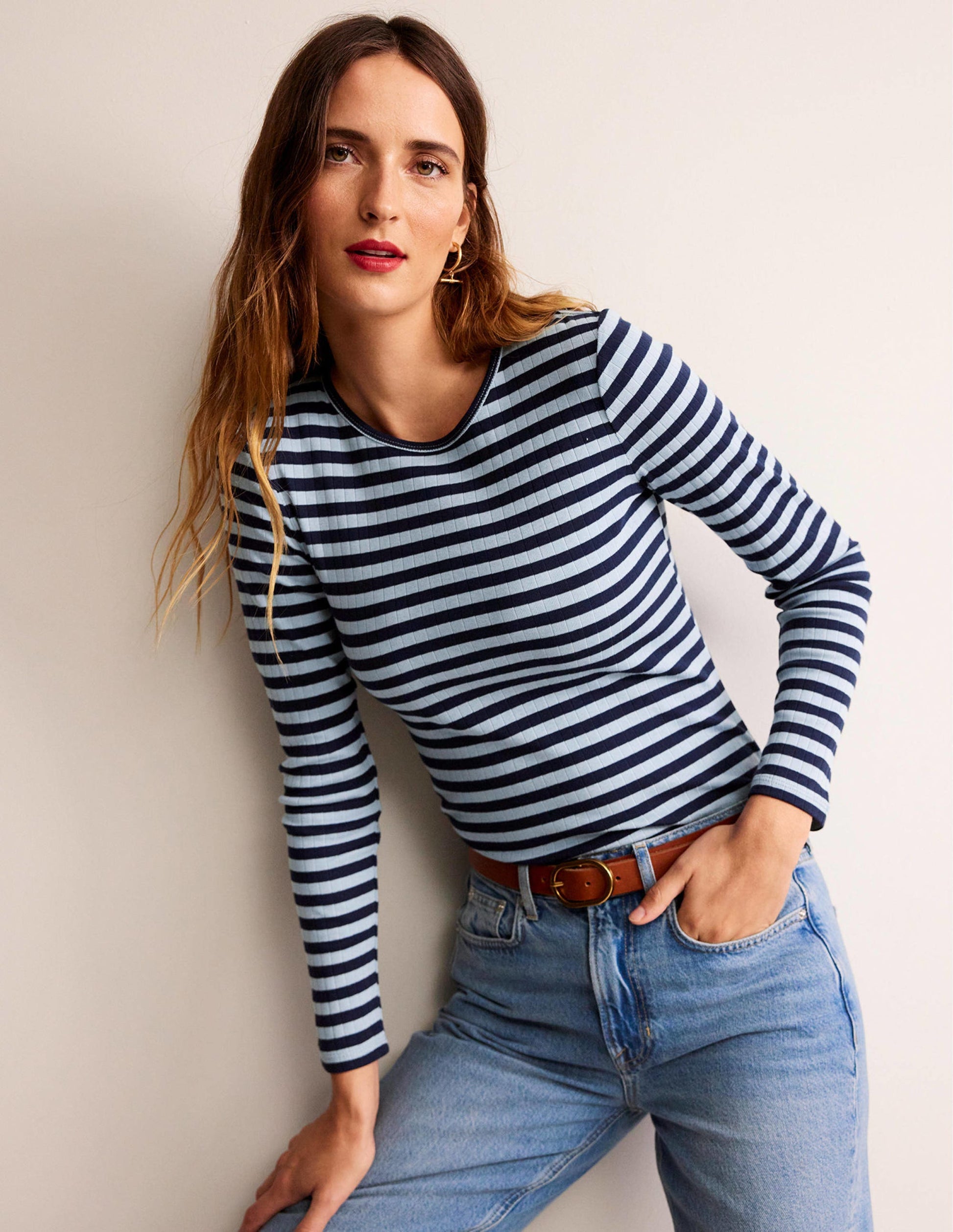 Anna Rib Crew T-Shirt-Heron Blue, French Navy-1